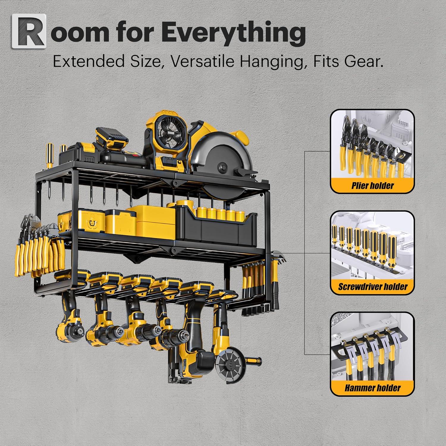 Power Tool Organizer Wall Mount with Charging Station, Garage Tool Shelf 6 Drill Holders, Tool Battery Holder with Screwdriver Heavy Duty Rack, Tool Storage Rack with 4 Outlet Power Strip