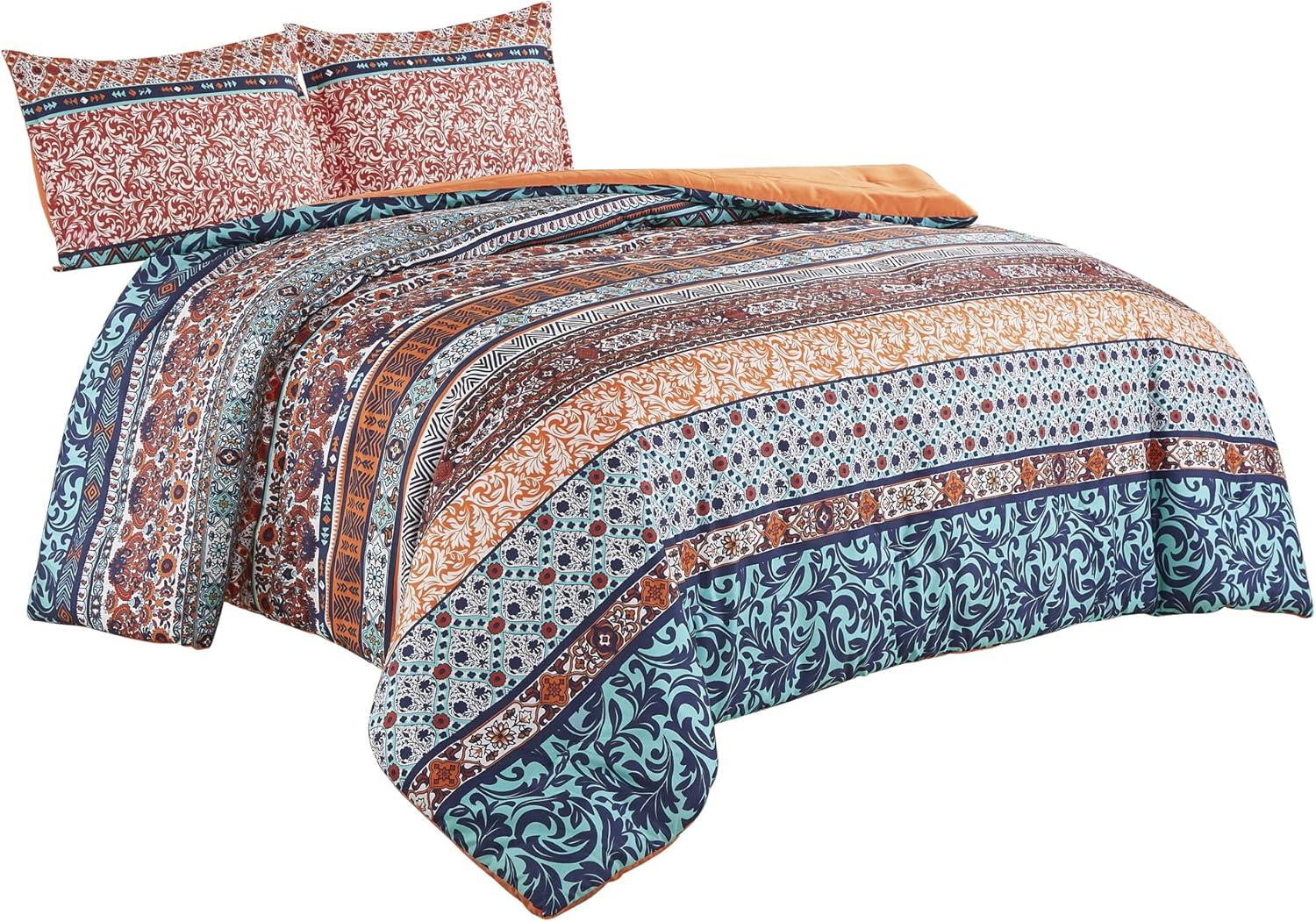 Chezmoi Collection Shore 3-Piece Boho Stripe Full Comforter Set, Medallion Floral Colorful Bohemian Printed Microfiber Lightweight Bedding Set