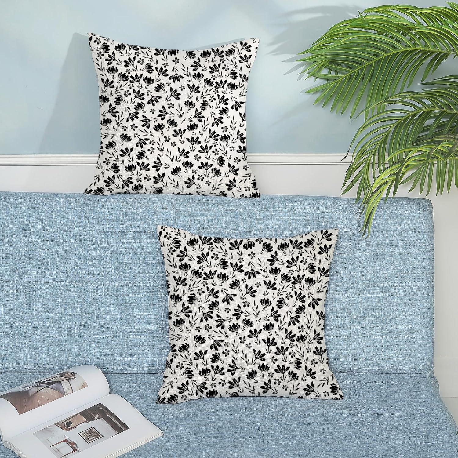 Chinoiseries Spring Pillow Covers 18x18 Set of 2, Black White Birds and Floral Throw Pillows Farmhouse Vintage Outdoor Decorative Cushion Case Decorations for Home Couch Sofa