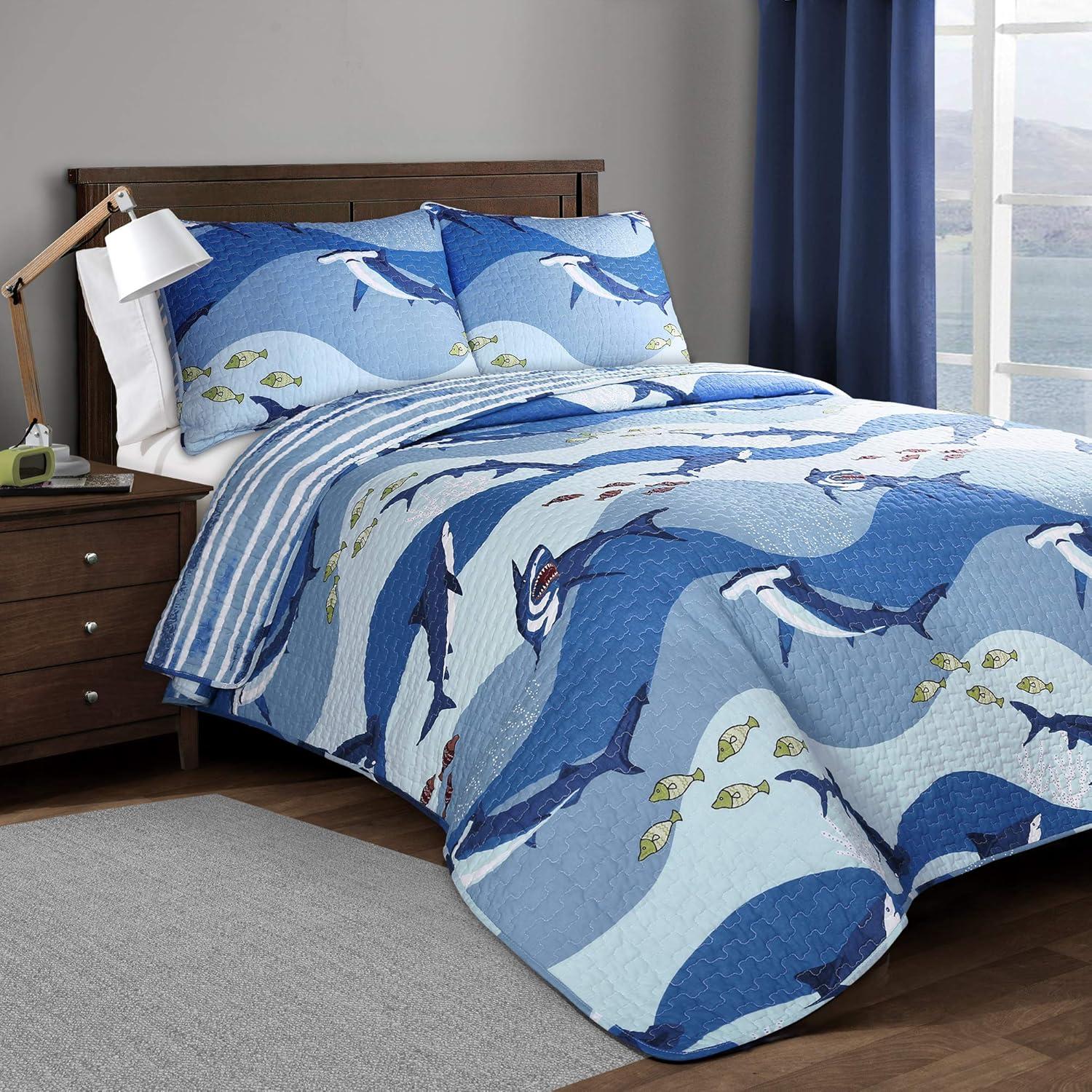 Blue Cotton Twin Reversible Shark Quilt Set