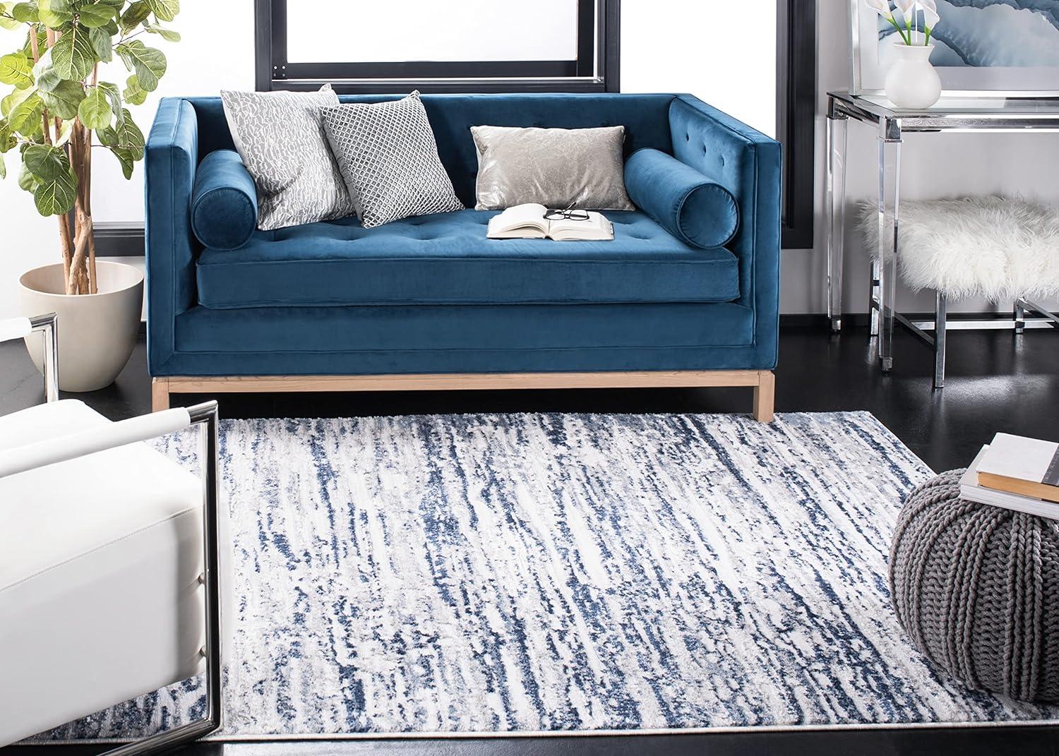 Amelia 3' x 5' Grey and Navy Abstract Synthetic Area Rug