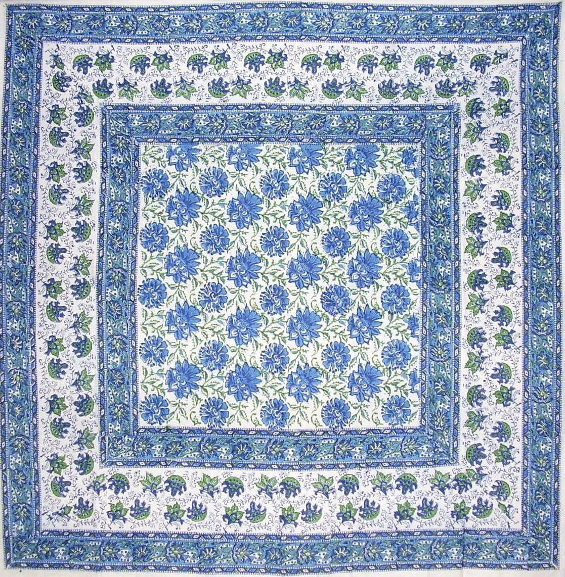 Lotus Flower Block Print Floral Square Cotton Tablecloth 60" x 60" Blue