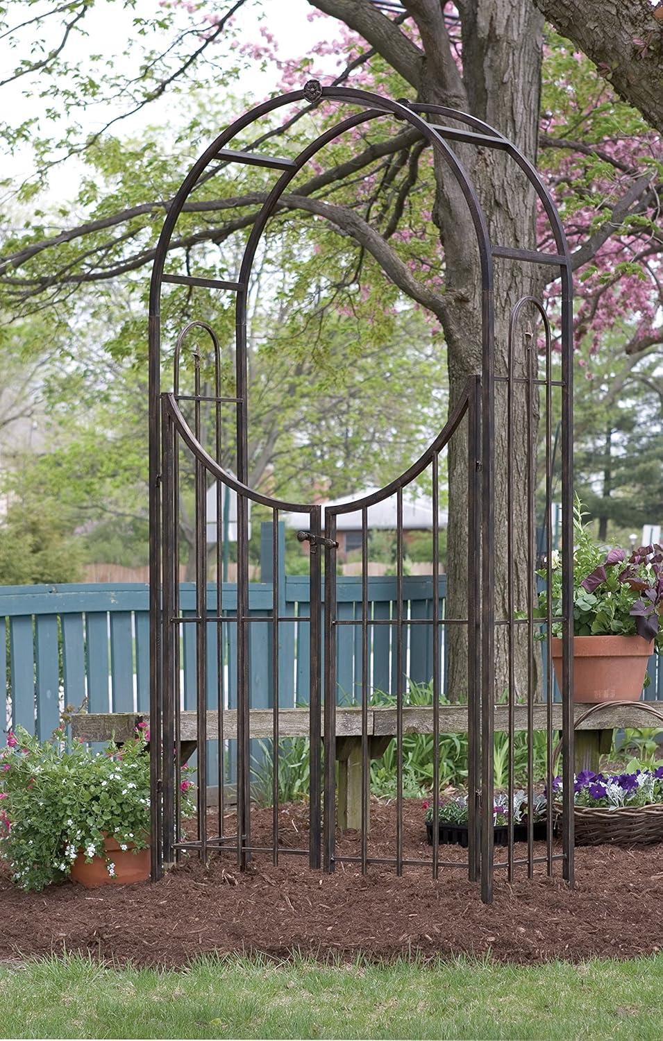Panacea Arch Top Garden Arbor With Gate, Weatherproof Bronze Garden Arch Arbor, 90" Tall