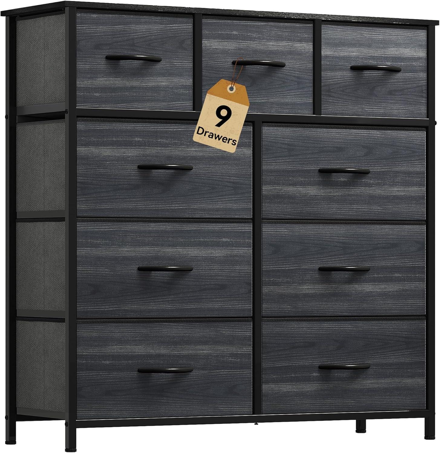 YITAHOME Dresser with 9 Drawers - Fabric Storage Tower, Organizer Unit for Living Room, Hallway, Closets - Sturdy Steel Frame, Wooden Top & Easy Pull Fabric Bins (Charcoal Black Wood Grain)