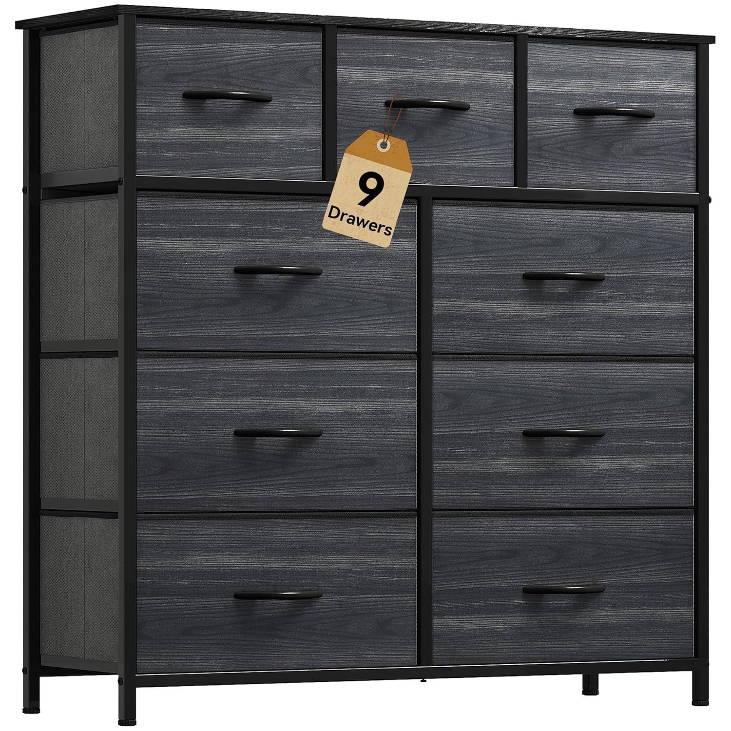 YITAHOME Dresser with 9 Drawers - Fabric Storage Tower, Organizer Unit for Living Room, Hallway, Closets - Sturdy Steel Frame, Wooden Top & Easy Pull Fabric Bins (Charcoal Black Wood Grain)