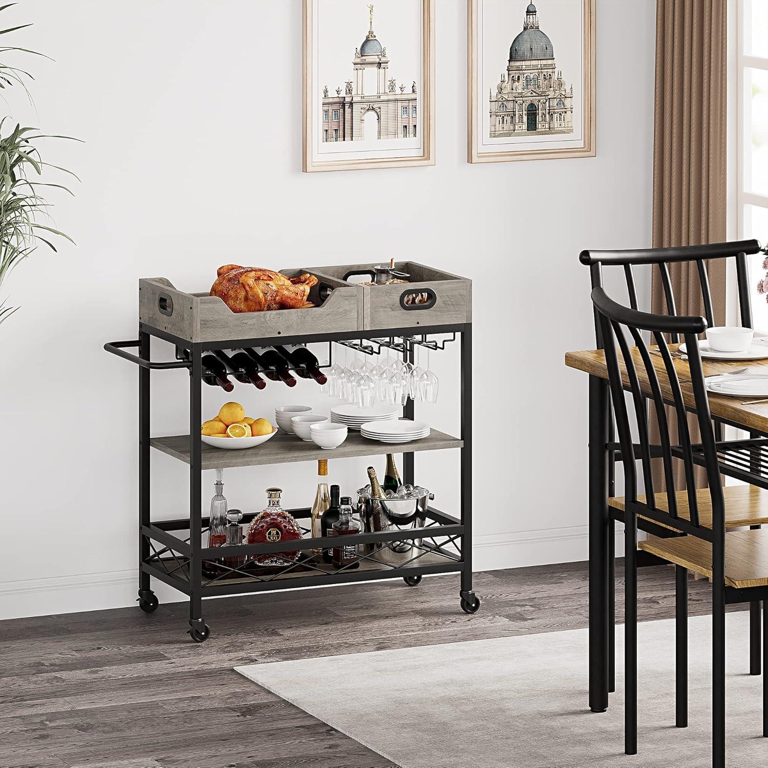 3 Tier The Home Grey Bar Cart with Wheels, Two Portable Trays, Wine Rack, Glasses Holder, Industrial Serving Cart for Kichen, Living Room, Dining Room