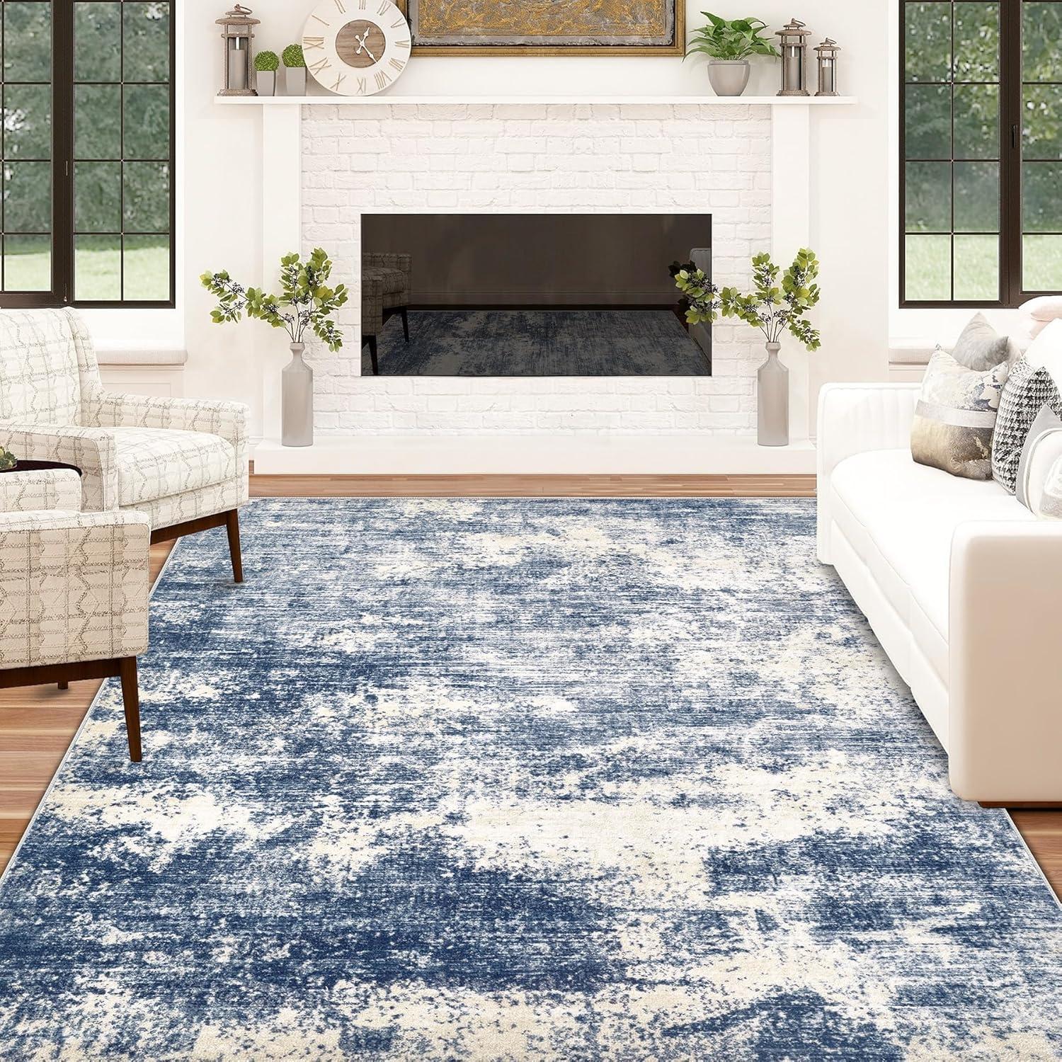 Blue and White Abstract 5' x 7' Machine Washable Area Rug