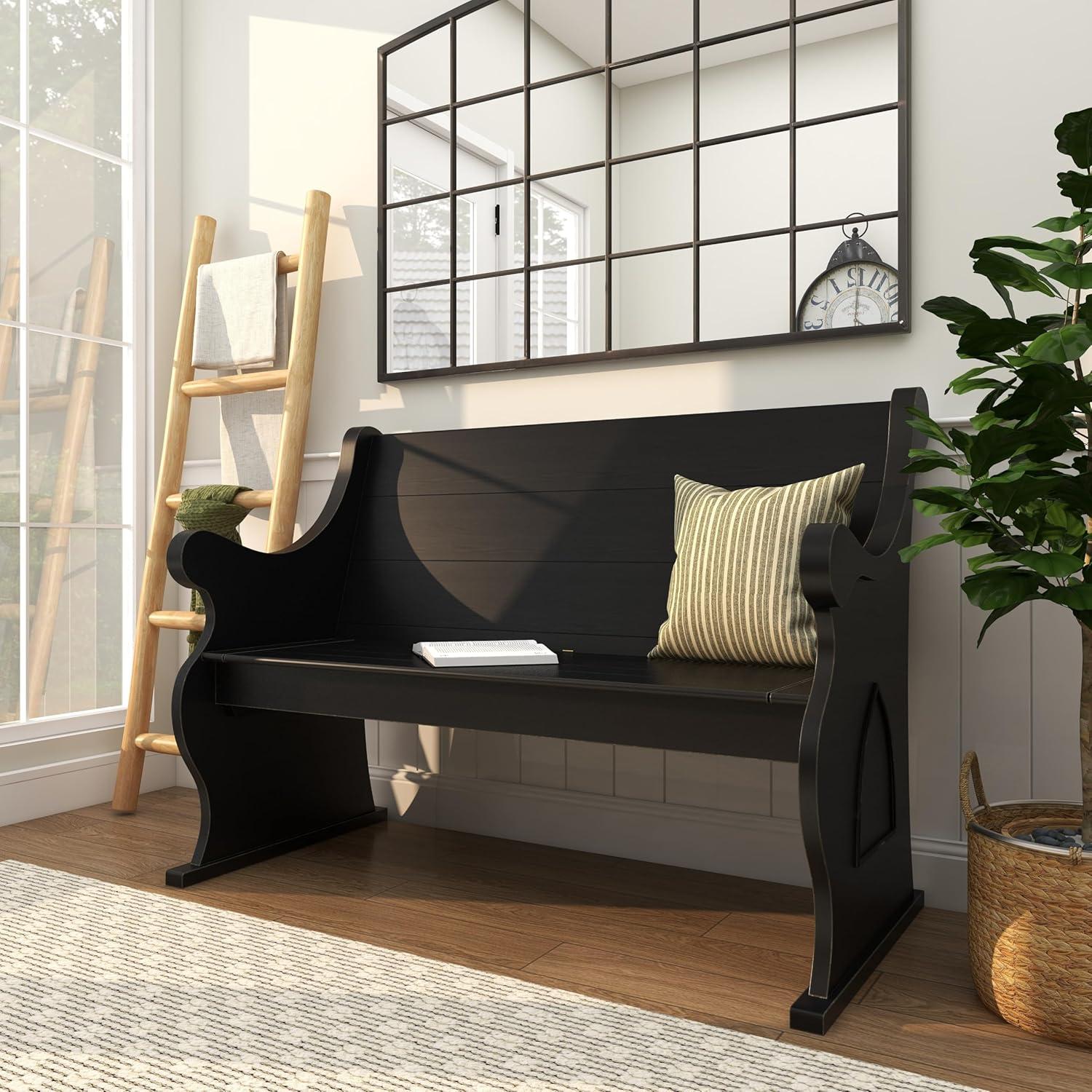 Black Wood Storage Bench with Scrolled Armrests