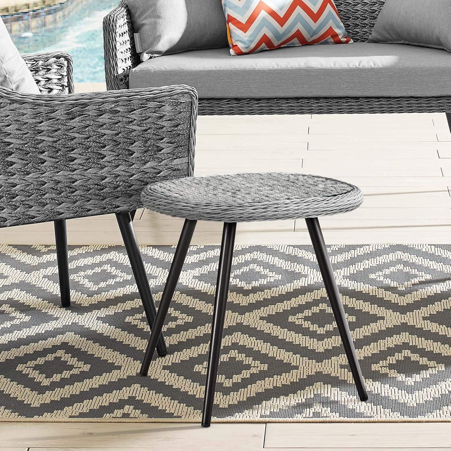 Modway Endeavor Rattan & Glass Top Patio End Table in Gray and Black