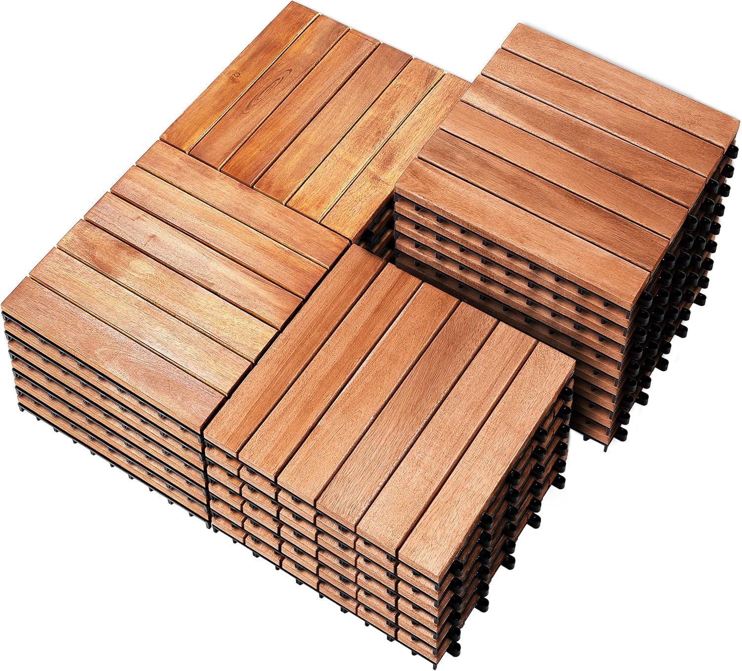 Natural Acacia Wood Interlocking Deck Tiles with Water Protection, 27 Pack