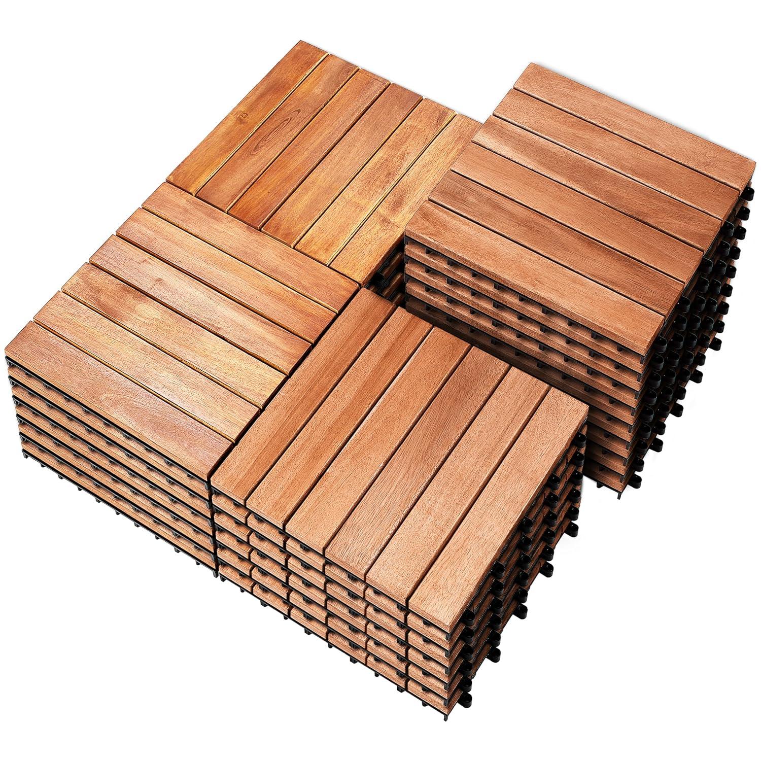 Natural Acacia Wood Interlocking Deck Tiles with Water Protection, 27 Pack