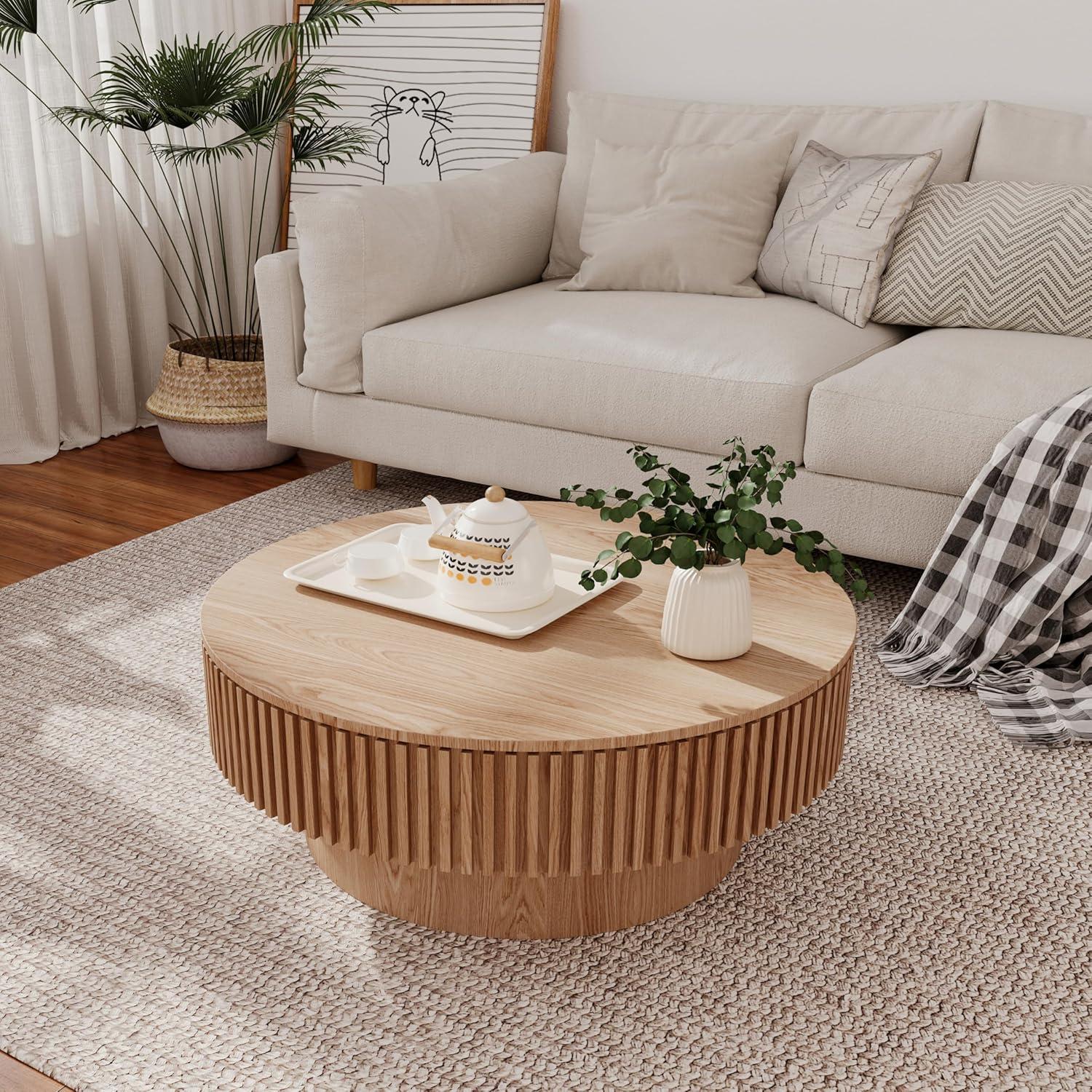 HomVent 31.5'' Round Coffee Table with Storage, Modern Wooden Coffee Table with Solid Wood Veneered, Circle Center Table Accent Tea Table for Living Room, Small Space, Apartment