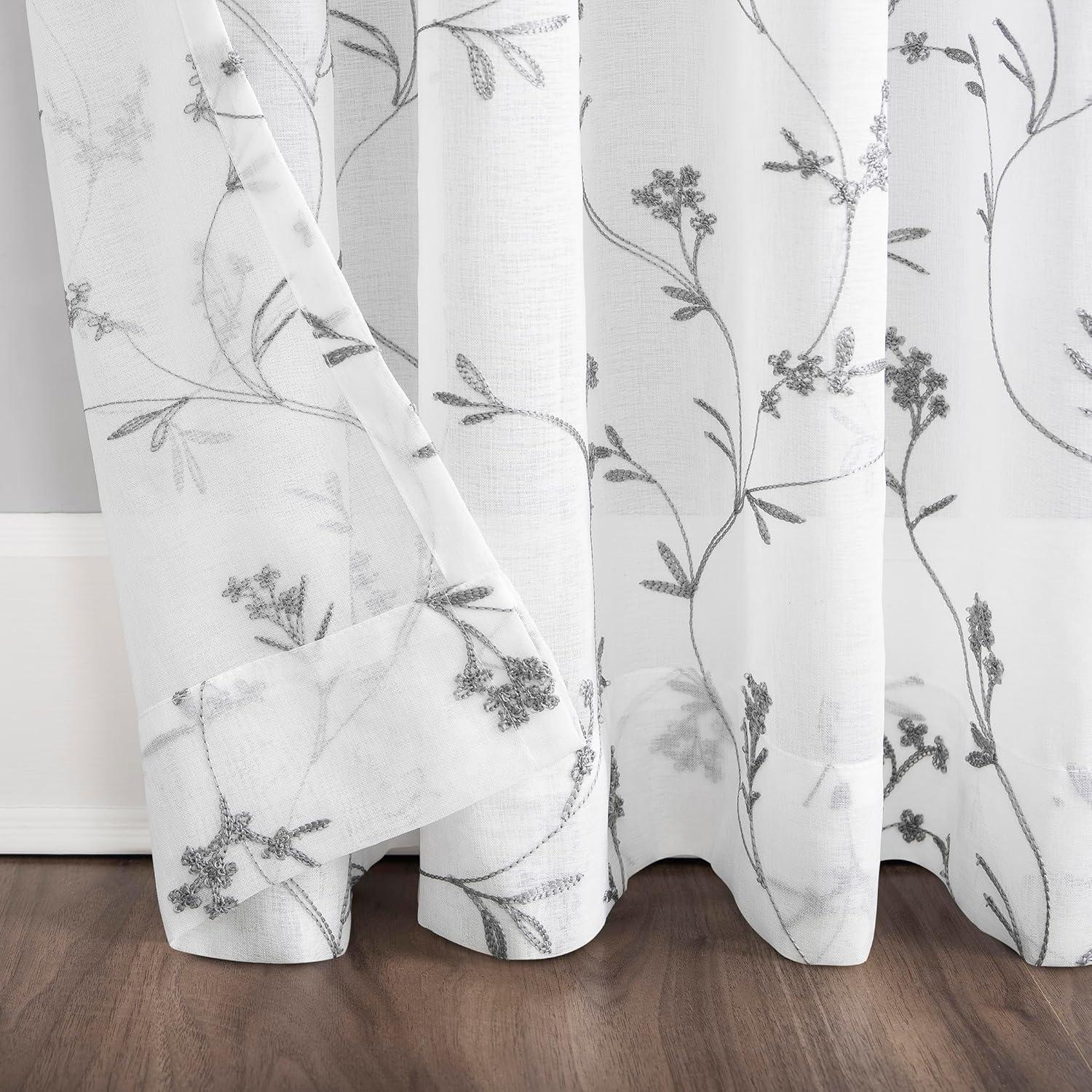 84"x50" Delia Embroidered Floral Sheer Rod Pocket Curtain Panel White - No. 918: Modern Botanical Indoor Curtain