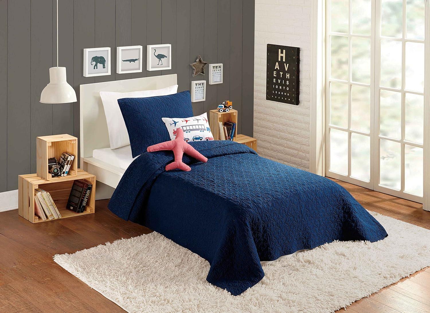 Navy Blue Cotton Twin Airplane Quilt Set with Decorative Pillows