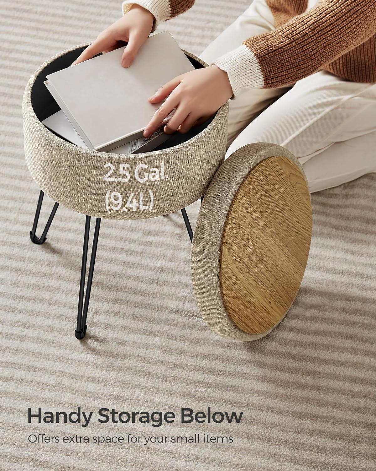 SONGMICS Vanity Stool Chair, Small Ottoman Stool with Storage, Vanity Chair, 15.4 Dia. x 17.4 Inches, 4 Metal Legs, for Makeup Room, for Living Room, Bedroom, Camel Brown ULOM002K01