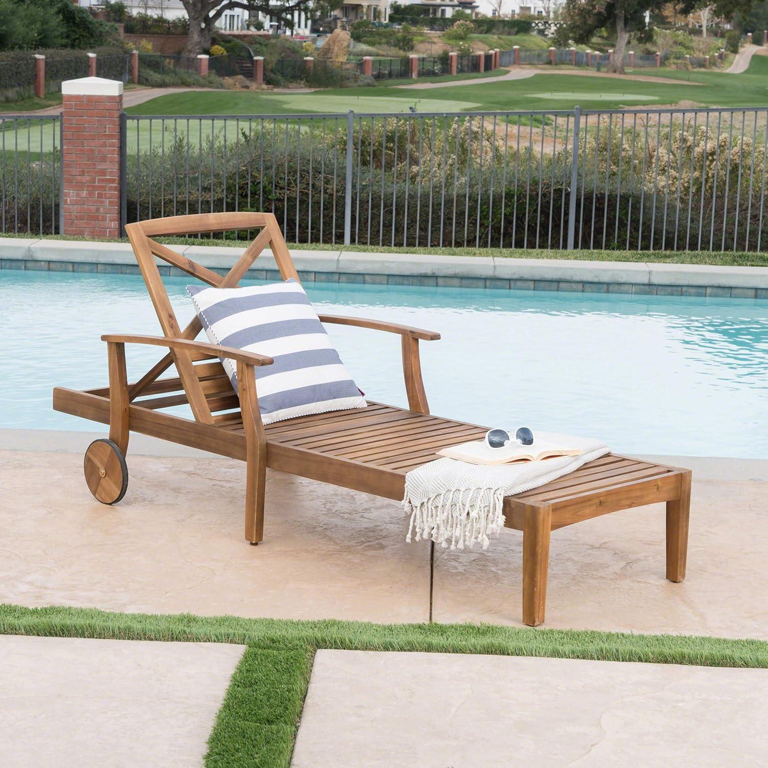 Thalia Outdoor Acacia Wood Chaise Lounge, Teak Finish