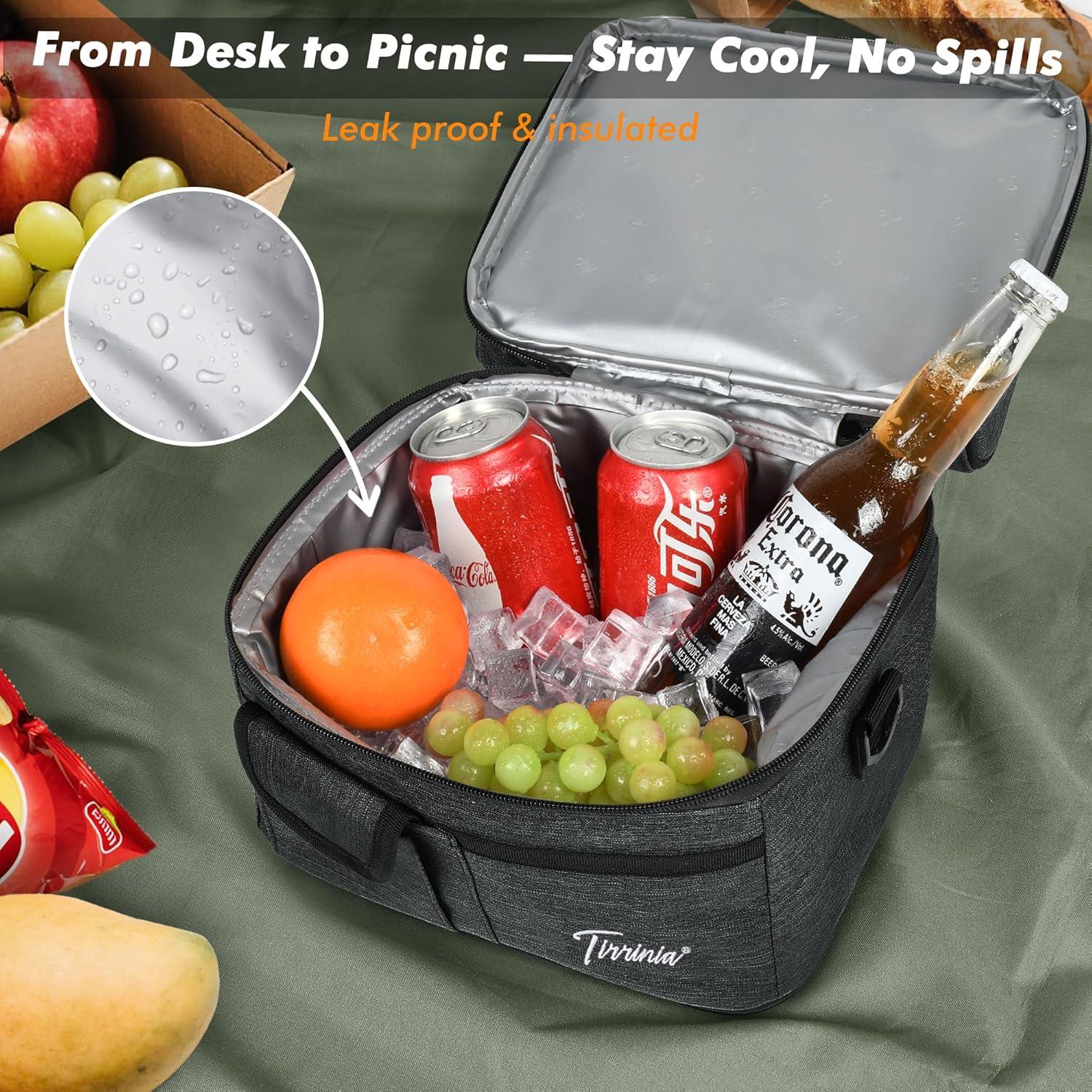 Tirrinia Dual Compartment Lunch Bag with Shoulder Strap for Adults, Large Lunch Bags, Insulated Leakproof Thermal Lunch Totes, Charcoal