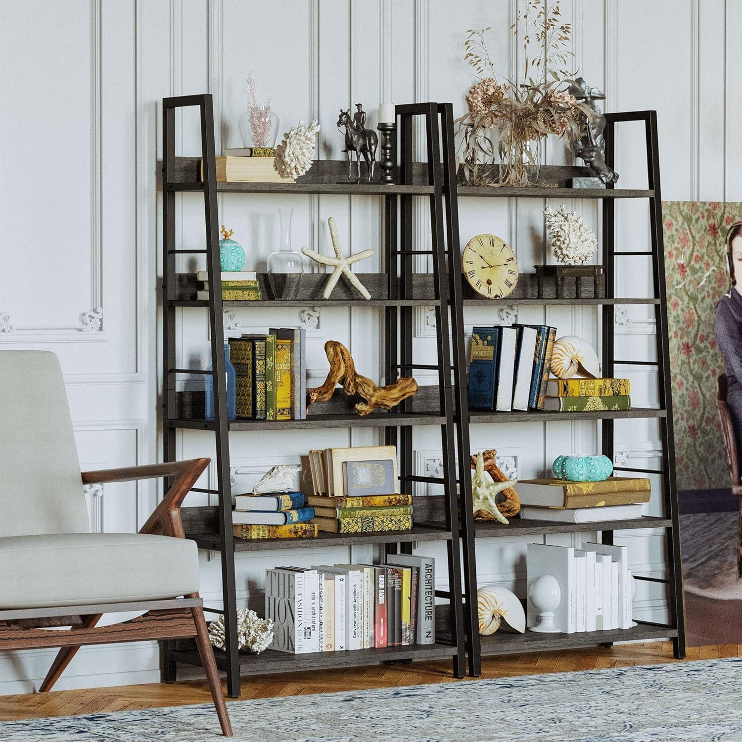 IRONCK Industrial Bookshelves and Bookcases, Ladder Shelf 5 Tier with Metal Frame for Living Room, Home Office, Charcoal Grey