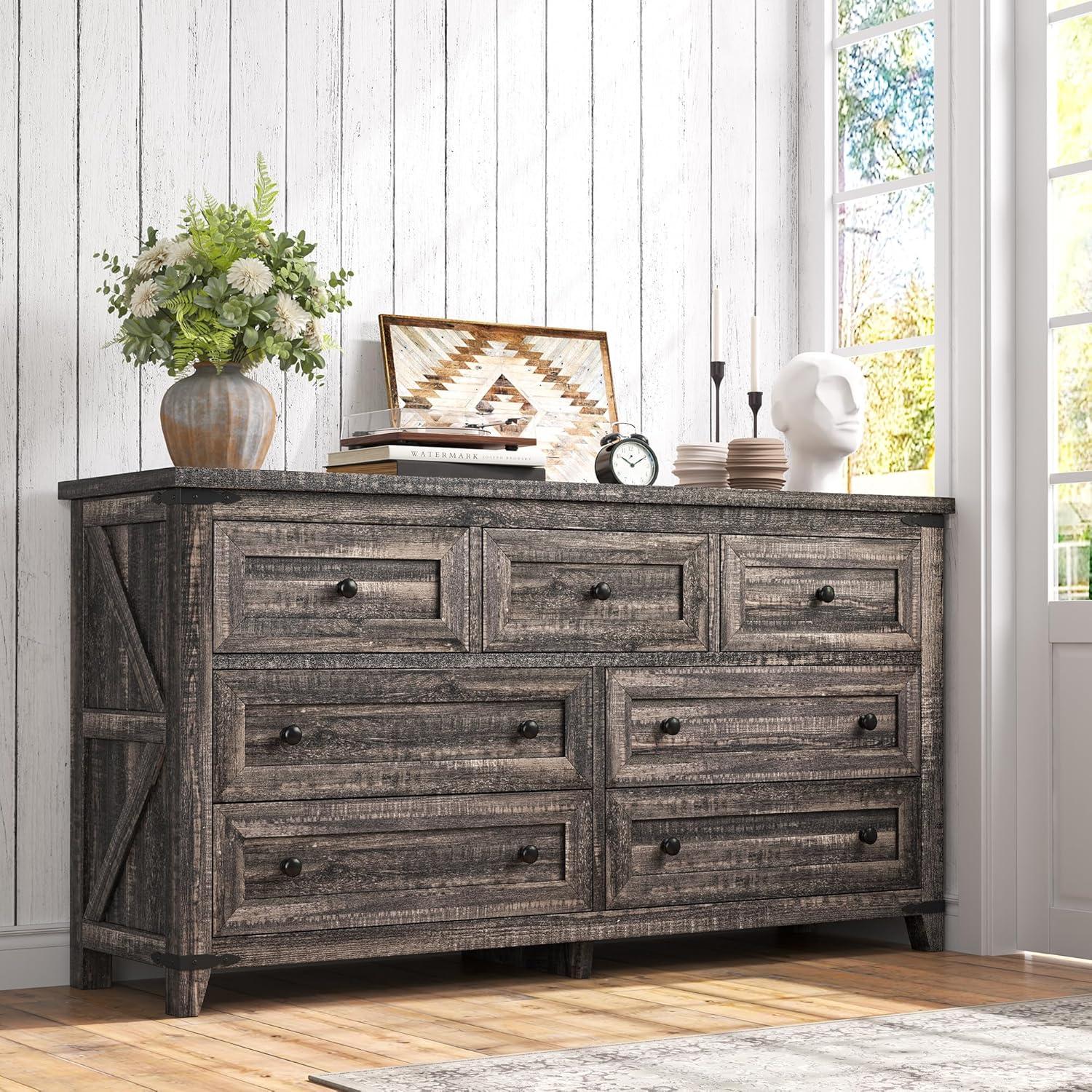 Dark Rustic Oak Farmhouse 7-Drawer Wood Dresser