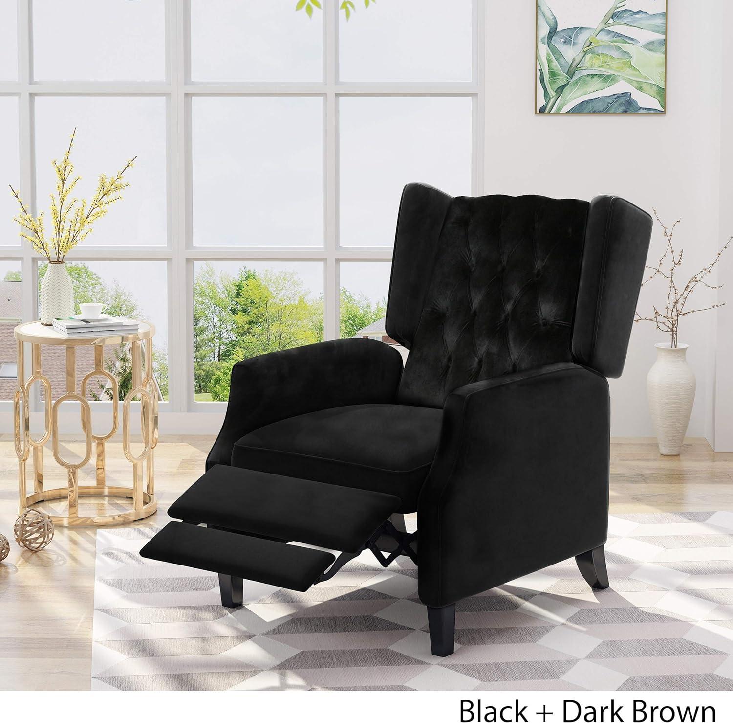 Mid-Century Velvet Wingback Recliner in Black and Dark Brown