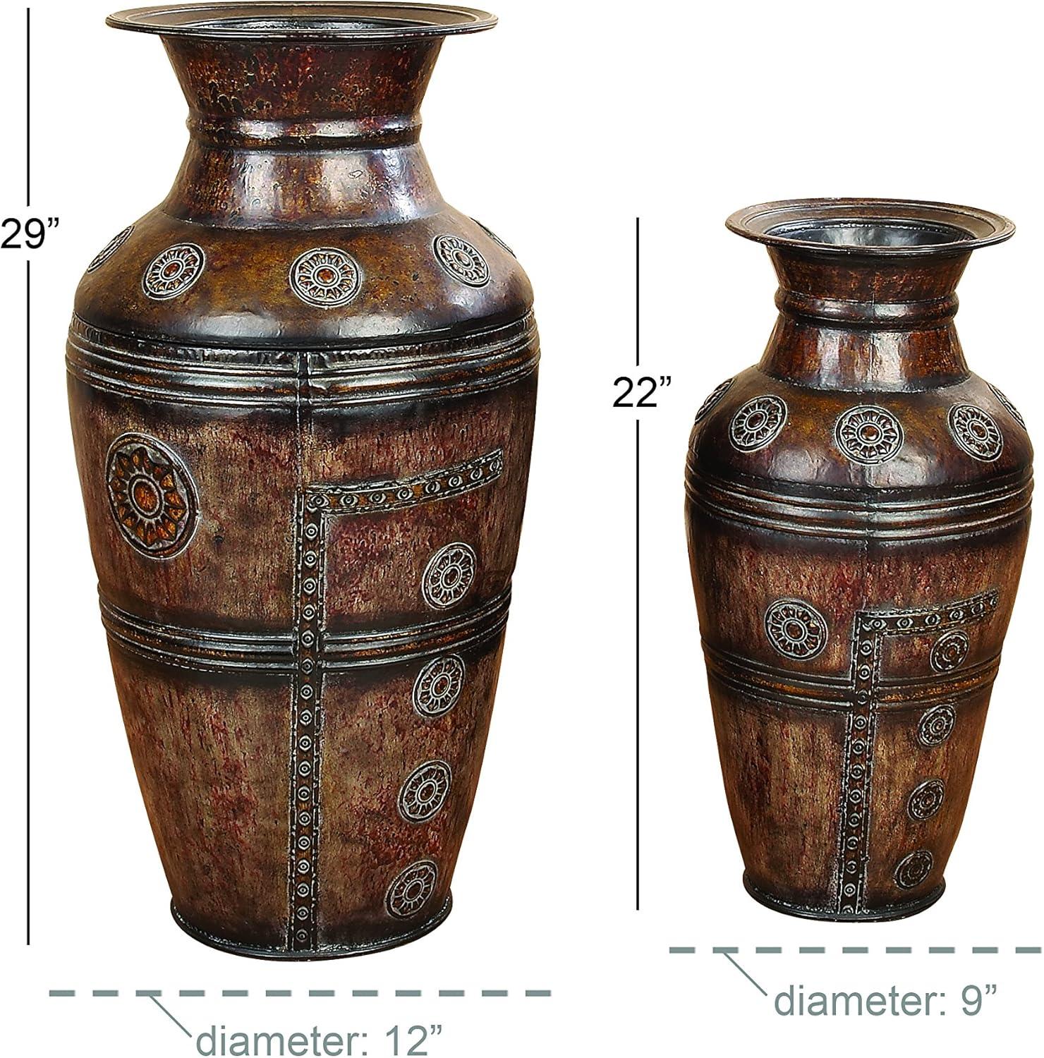 Deco 79 Metal Decorative Vase Indoor Outdoor Large Centerpiece Vases with Floral Relief, Set of 2 Flower Vases for Home Decoration 29", 22"H, Brown