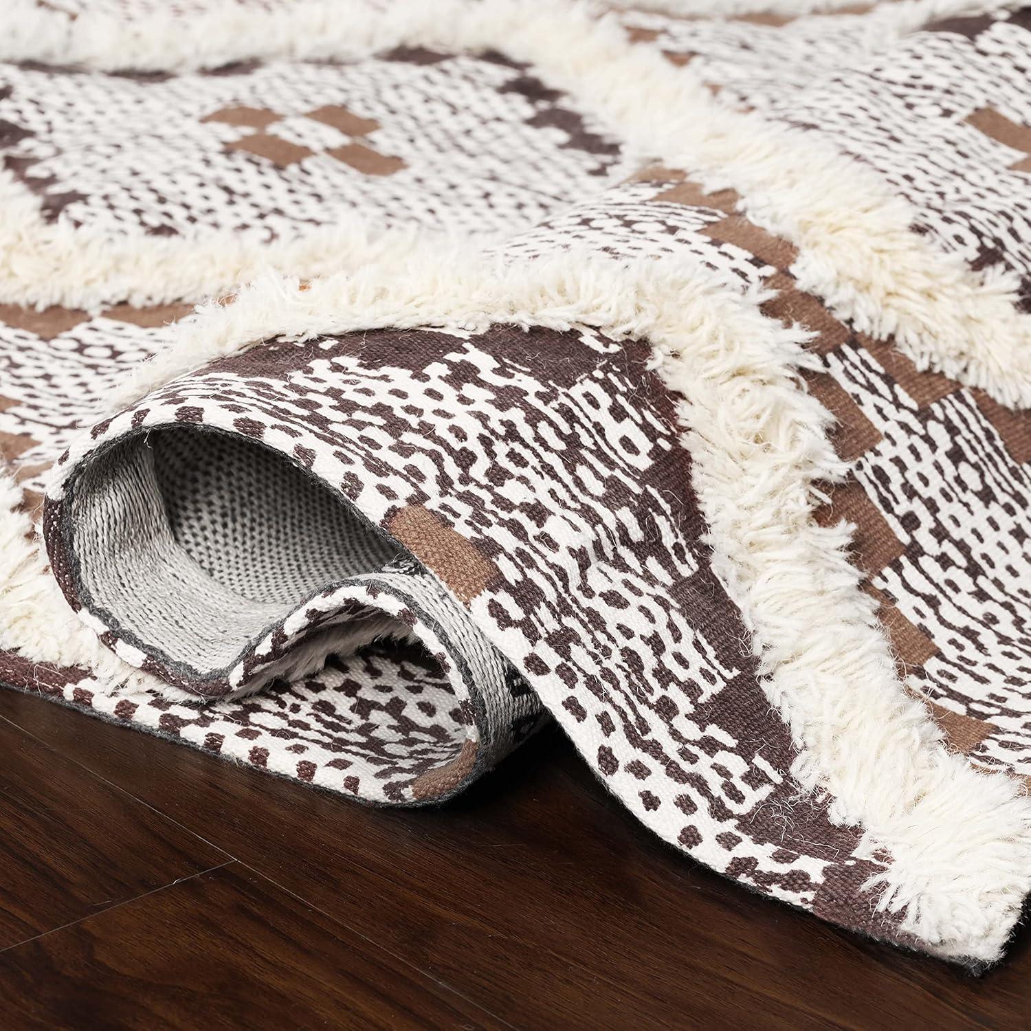 Superior Evren Hand-Tufted Cotton/Wool Textured Geometric Tan/Chocolate Farmhouse Area Rug, 6' x 9'