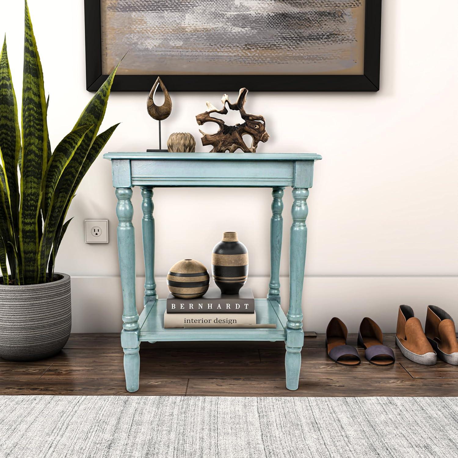 Antique Arctic Blue Wooden End Table with Storage Shelf