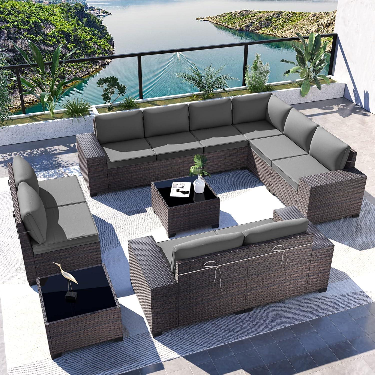 12-Piece Brown Steel Wicker Outdoor Sectional Set with Grey Cushions