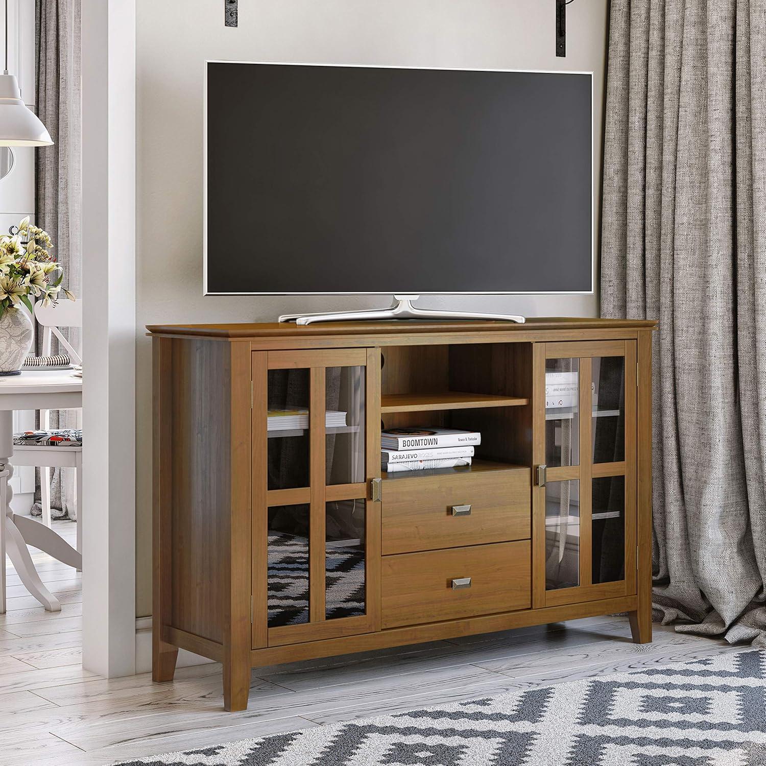 Simpli Home Artisan Wood 53" Transitional TV Media Stand in Honey Brown For TVs up to 60"