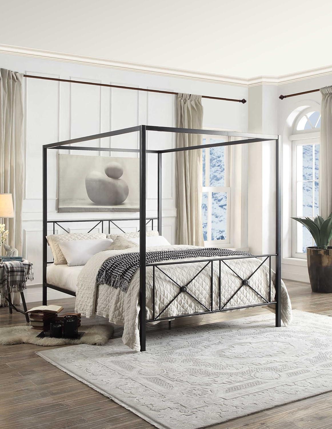 Rapa Queen Black Metal Canopy Platform Bed with Headboard