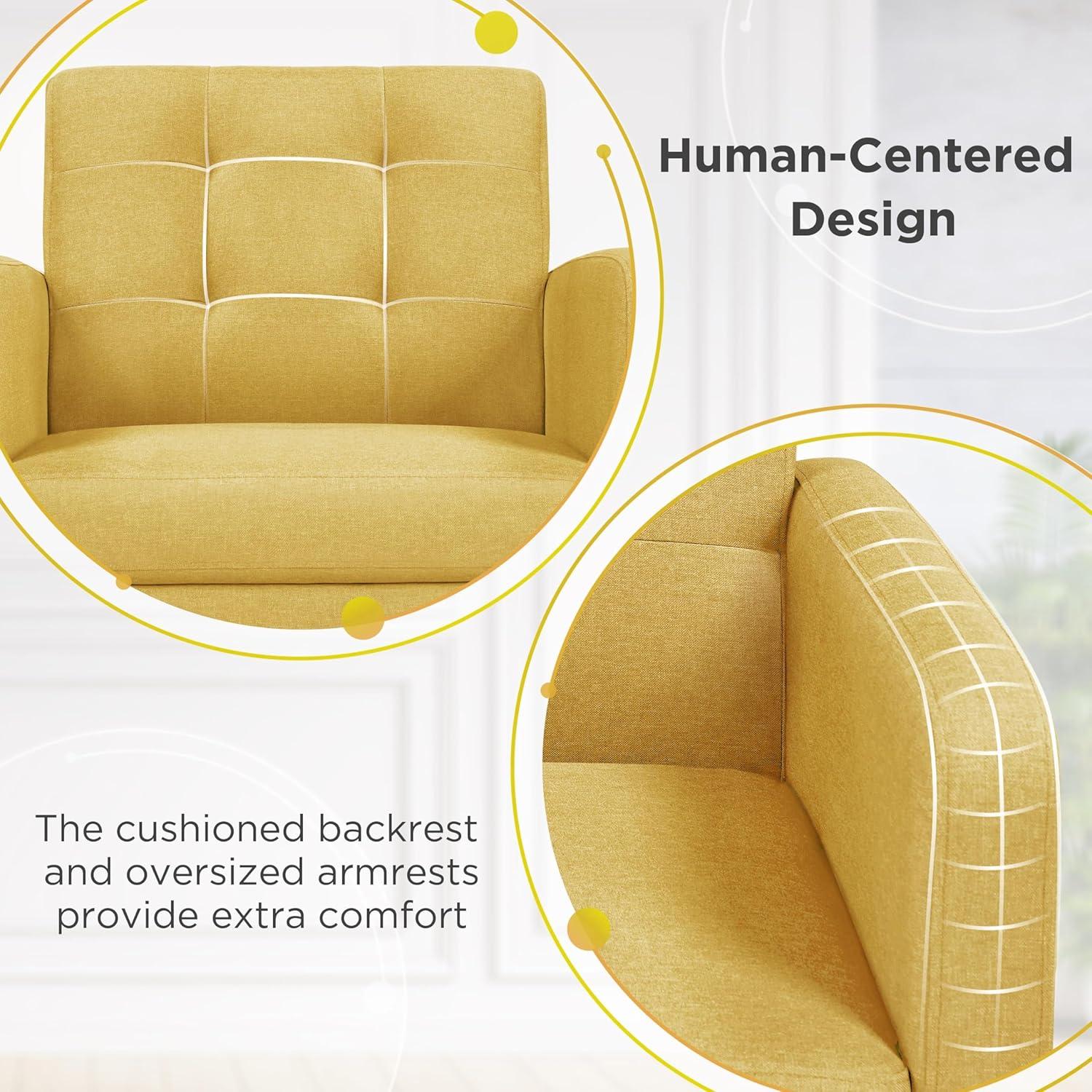 Yaheetech Set of 2 Mid Century Tufted Back Accent Arm Chair with Rubberwood Legs, Yellow