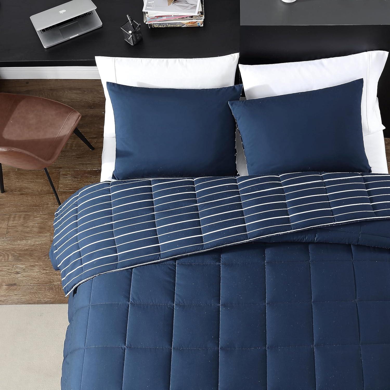 Navy Blue Twin Reversible Microfiber Comforter Set