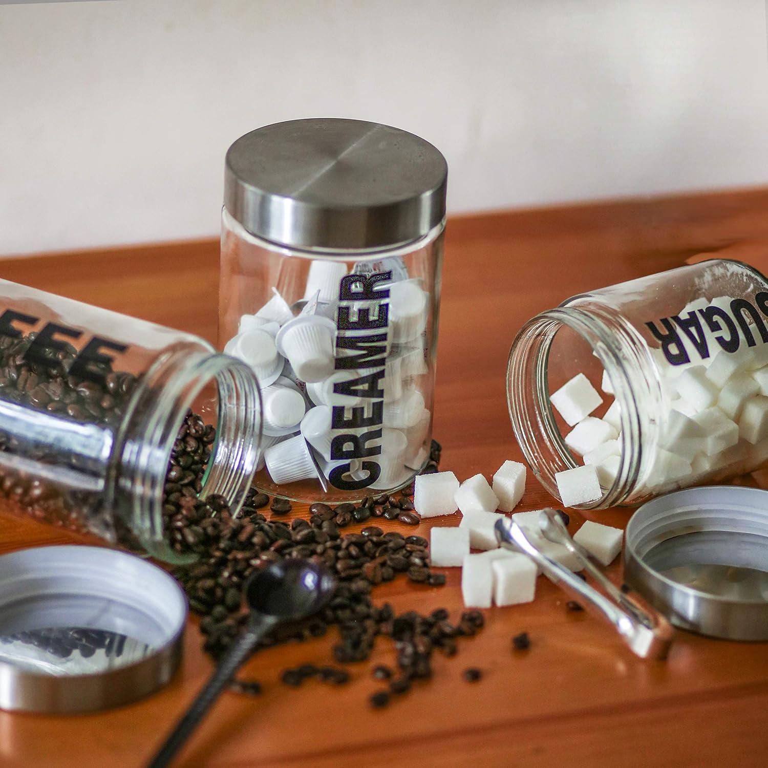 KMwares Glass Food Jars, Clear Storage Containers with Stainless Steel Lid, Airtight Glass Canisters Set for Coffee, Sugar and Creamer Container Set of 3 w Stainless Steel Lids((Sizes/57/44/29 oz)