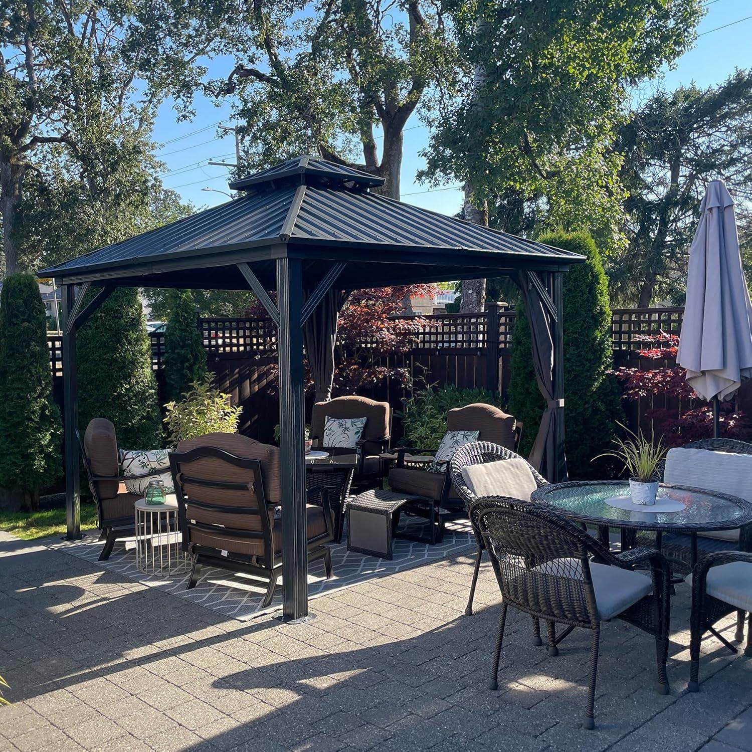 Domi 12' x 12' Gray Aluminum Hardtop Gazebo with Curtains and Netting