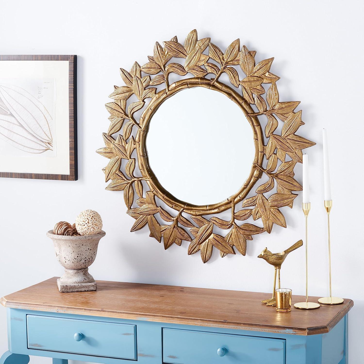 Antique Brass Sunburst Round Wood Vanity Mirror