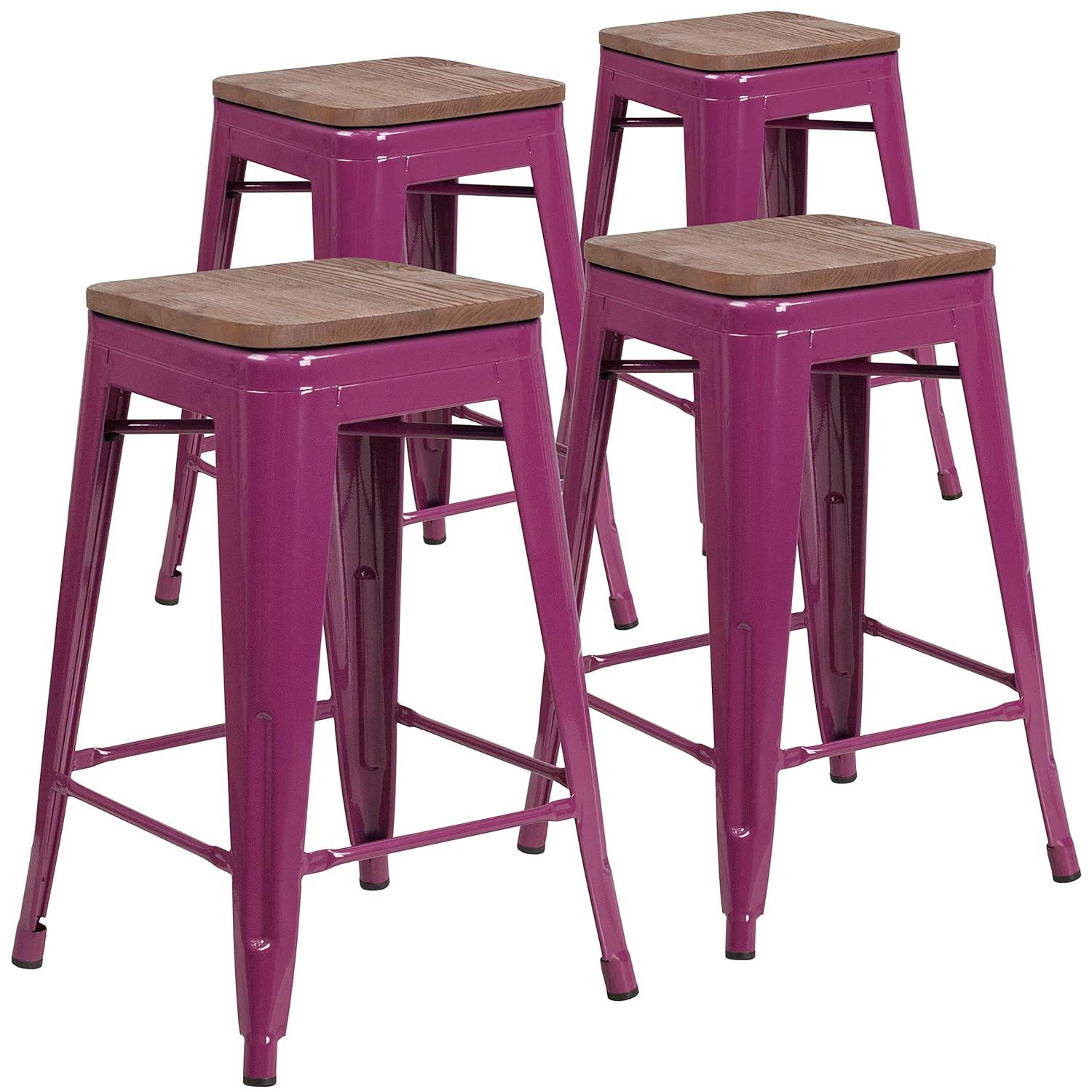 Flash Furniture 24" High Metal Counter-Height, Indoor Bar Stool with Wood Seat in Silver - Stackable Set of 4