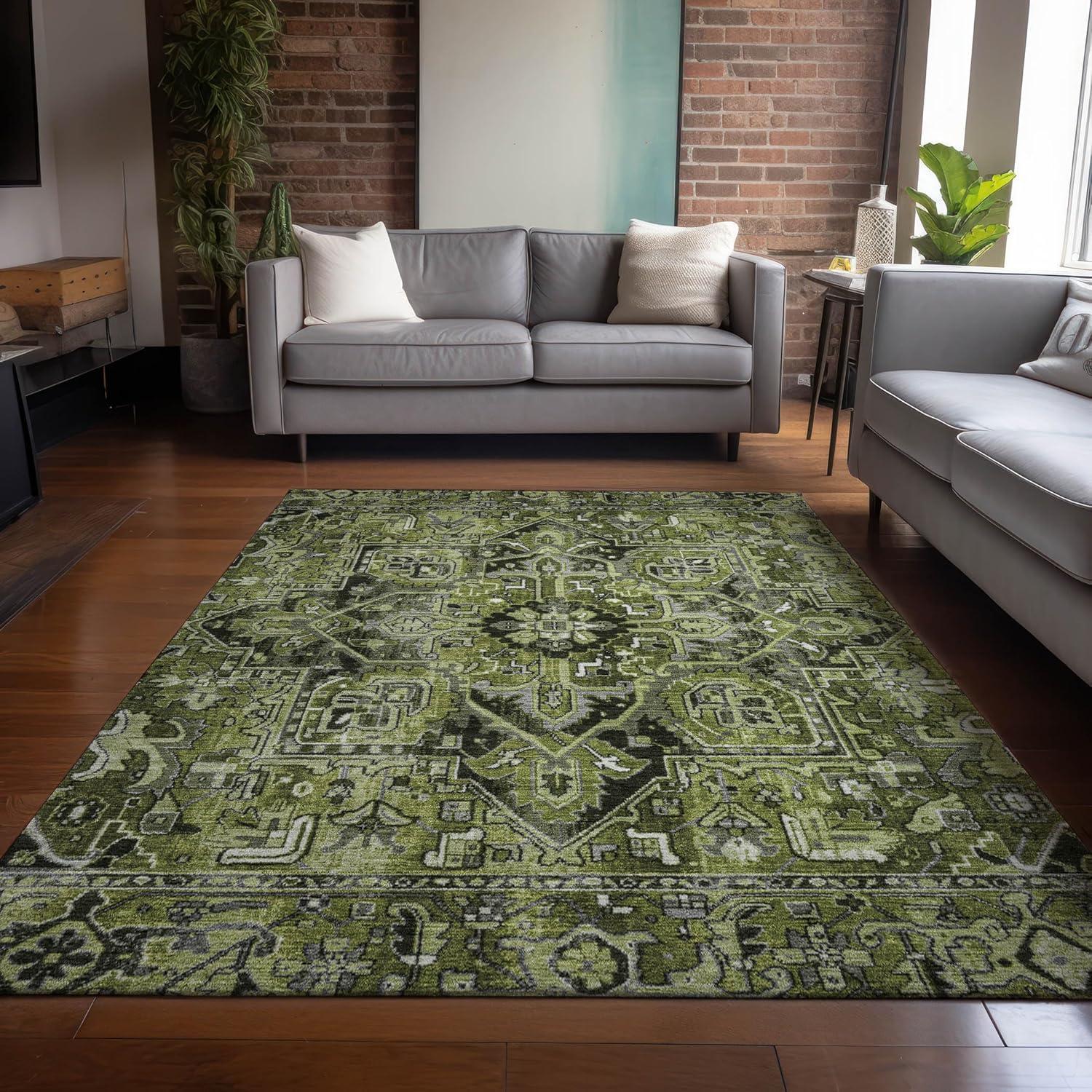 Olive Rectangular Synthetic Oriental 10' x 14' Washable Area Rug