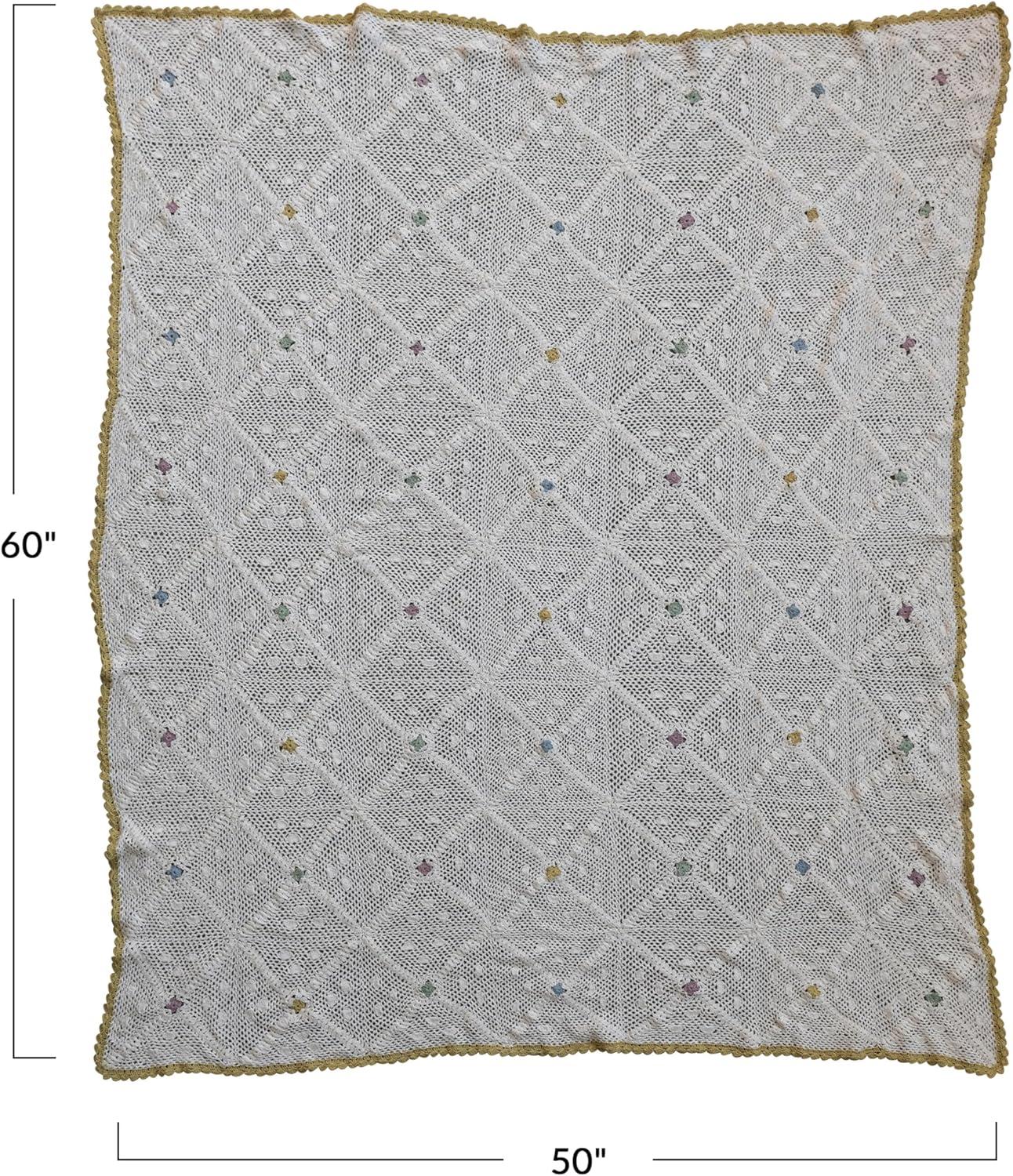 Multicolor Hand-Woven Cotton Crocheted Throw Blanket with Diamond Pattern