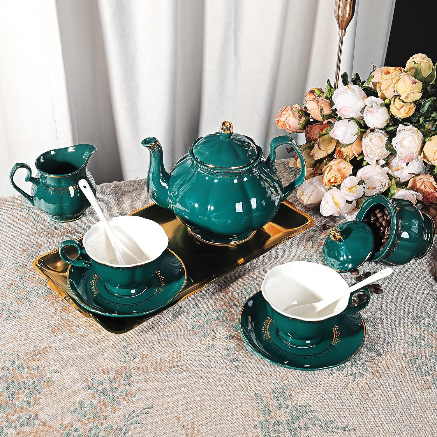 Rosdorf Park Malerba 21 Piece Vintage Porcelain Tea Set, Green With Gold Trim China Coffee Service For 6, Large Teapot, Tea Cup And Saucers Set, Christmas Gifts