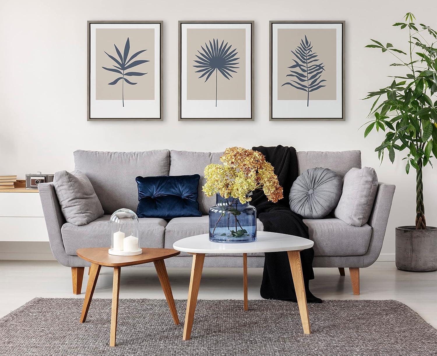 Kate and Laurel Sylvie Muted Tan and Blue Colorblock Botanical Fern Framed Canvas Wall Art by The Creative Bunch Studio, 18x24 Gray, Simple Modern Botanical Wall Decor Art