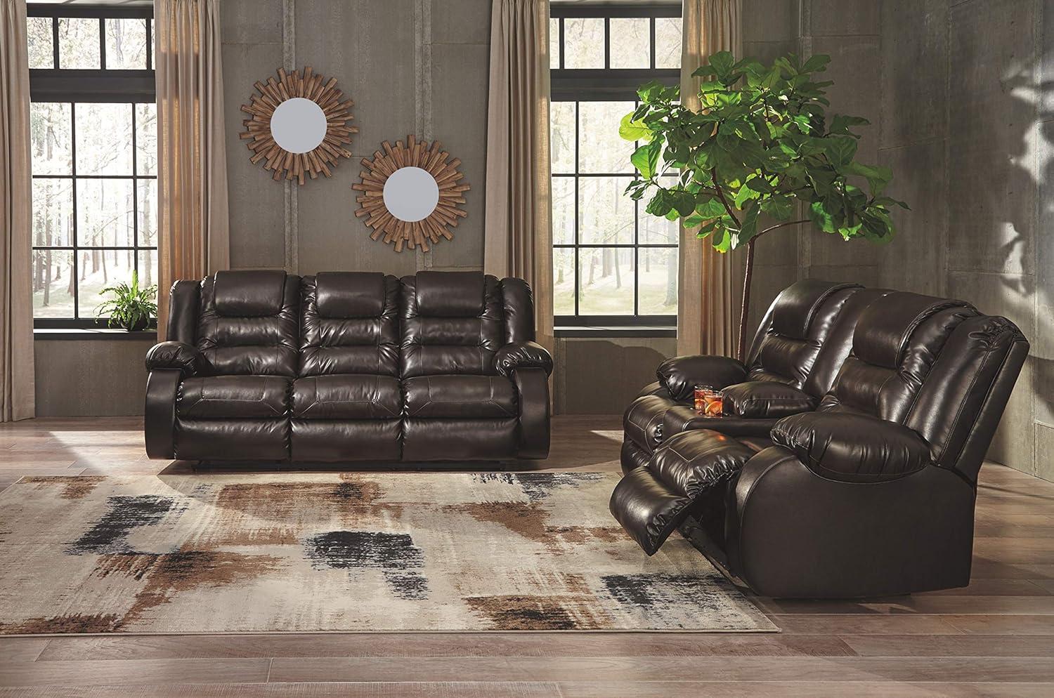 Vacherie Chocolate Faux Leather Reclining Sofa with Cup Holder