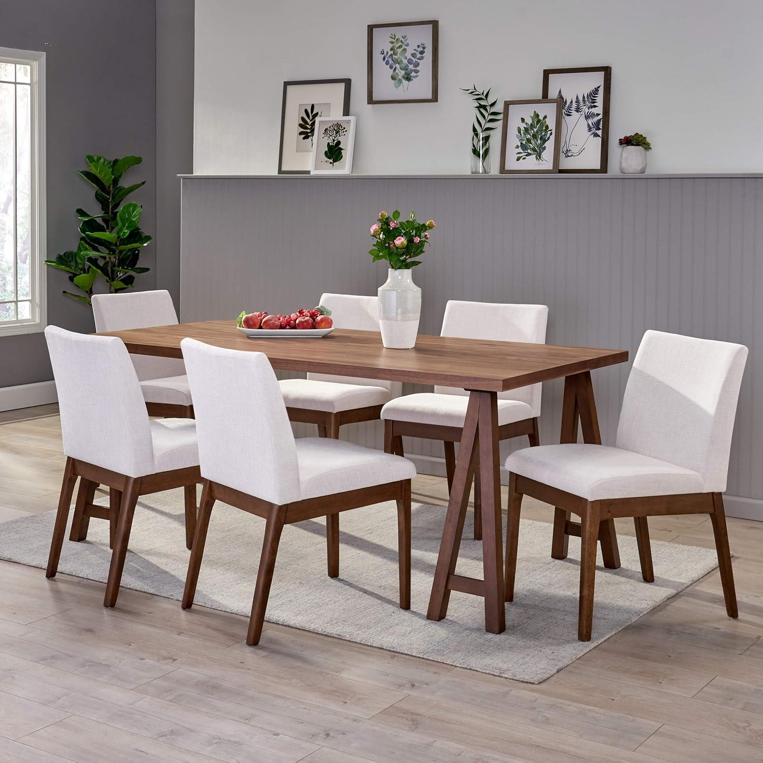 Christopher Knight Home Orrin 7 Pieces Mid Century Modern Upholstered Wood Dining Set, Light Beige/Walnut