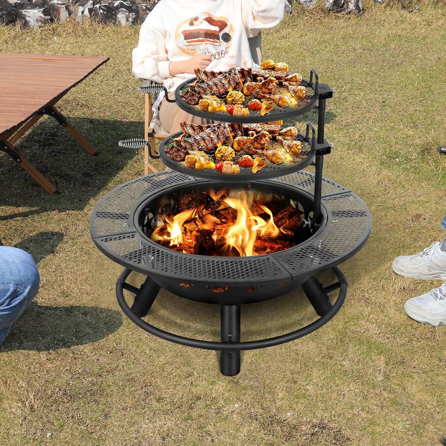 Black Powder Coated Steel Round Fire Pit with Grates