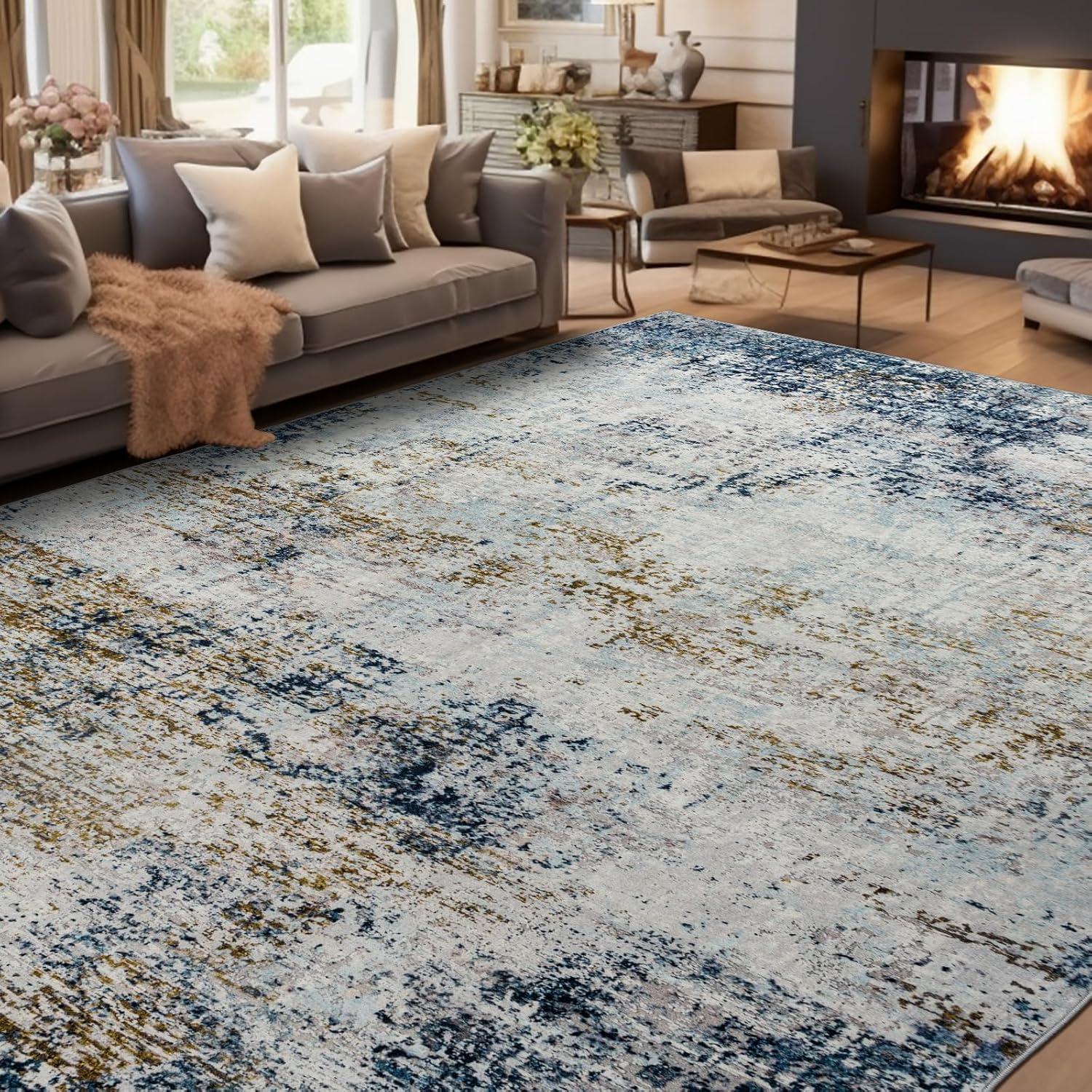 Garvee 5'x7' Modern Blue Abstract Area Rug Machine Washable Contemporary Rug Soft Foldable Thin Accent Rug Anti-Slip Non-Shedding Floor Carpet