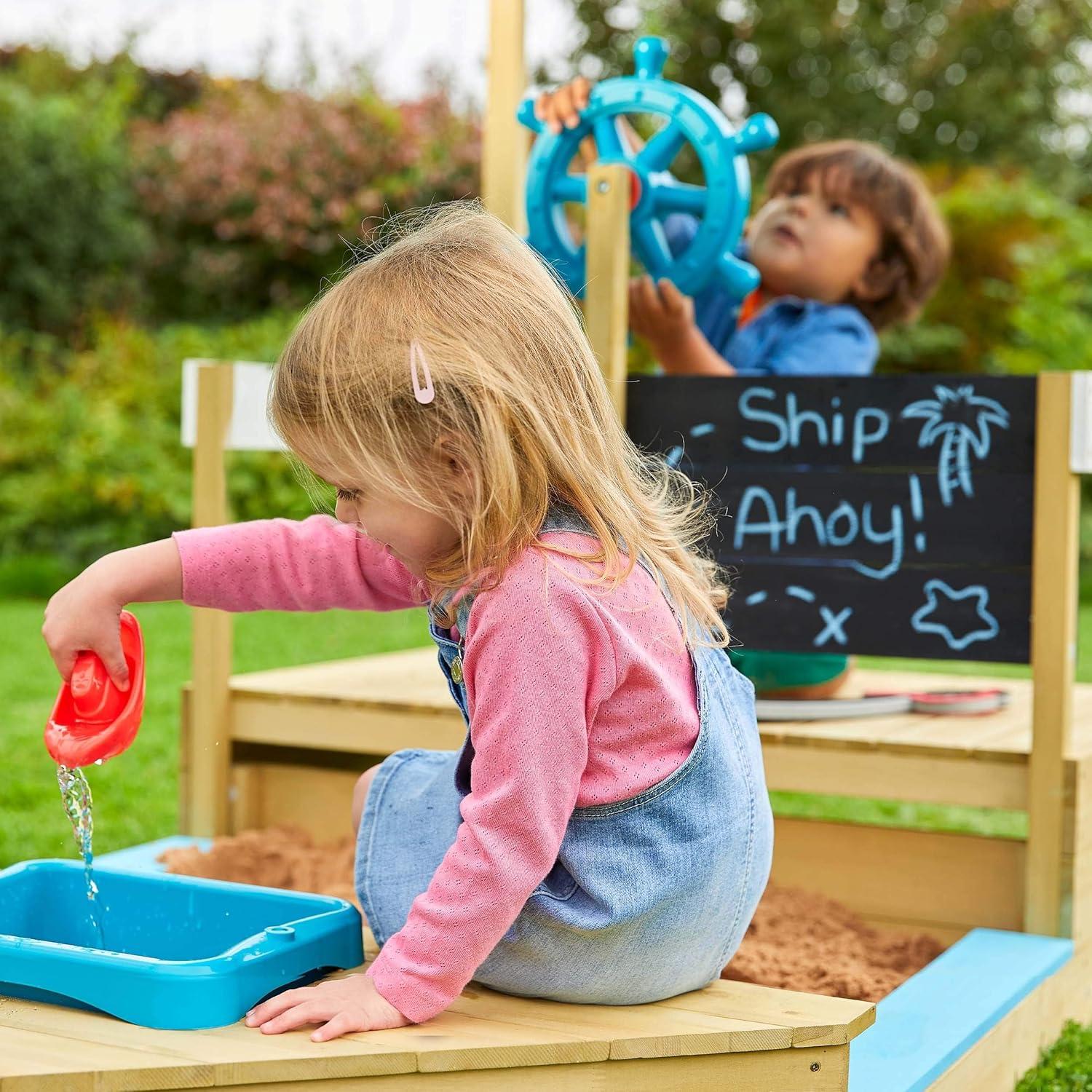TP Ahoy Wooden Sandbox Pirate Ship Play Boat with Canopy – Kids Outdoor Sand & Water Toy with Captain’s Wheel, Blackboard, Splash Bowl & Storage | FSC Certified | Compact & Space-Saving Design