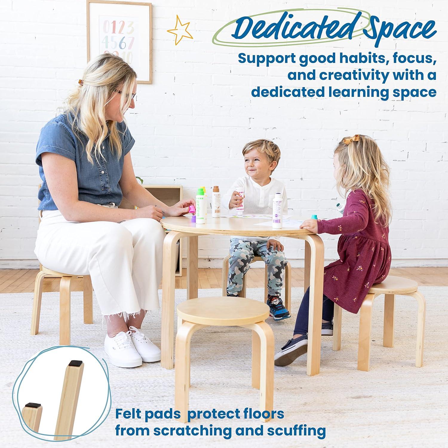 ECR4Kids Bentwood Round Table and Curved Back Chair Set, Kids Furniture, 5-Piece