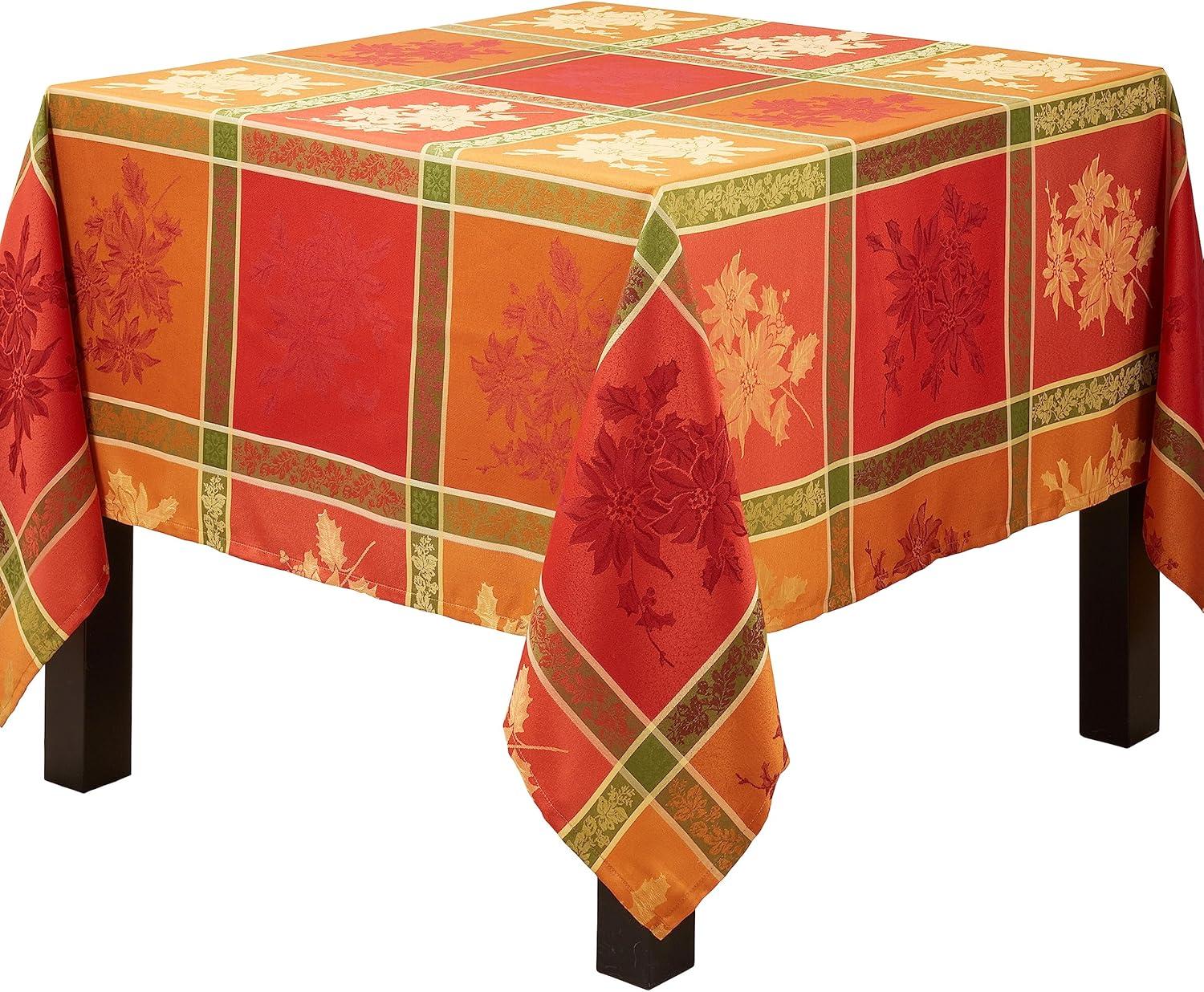 Saro Lifestyle Timeless Jacquard Tablecloth with Fall Leaves Design