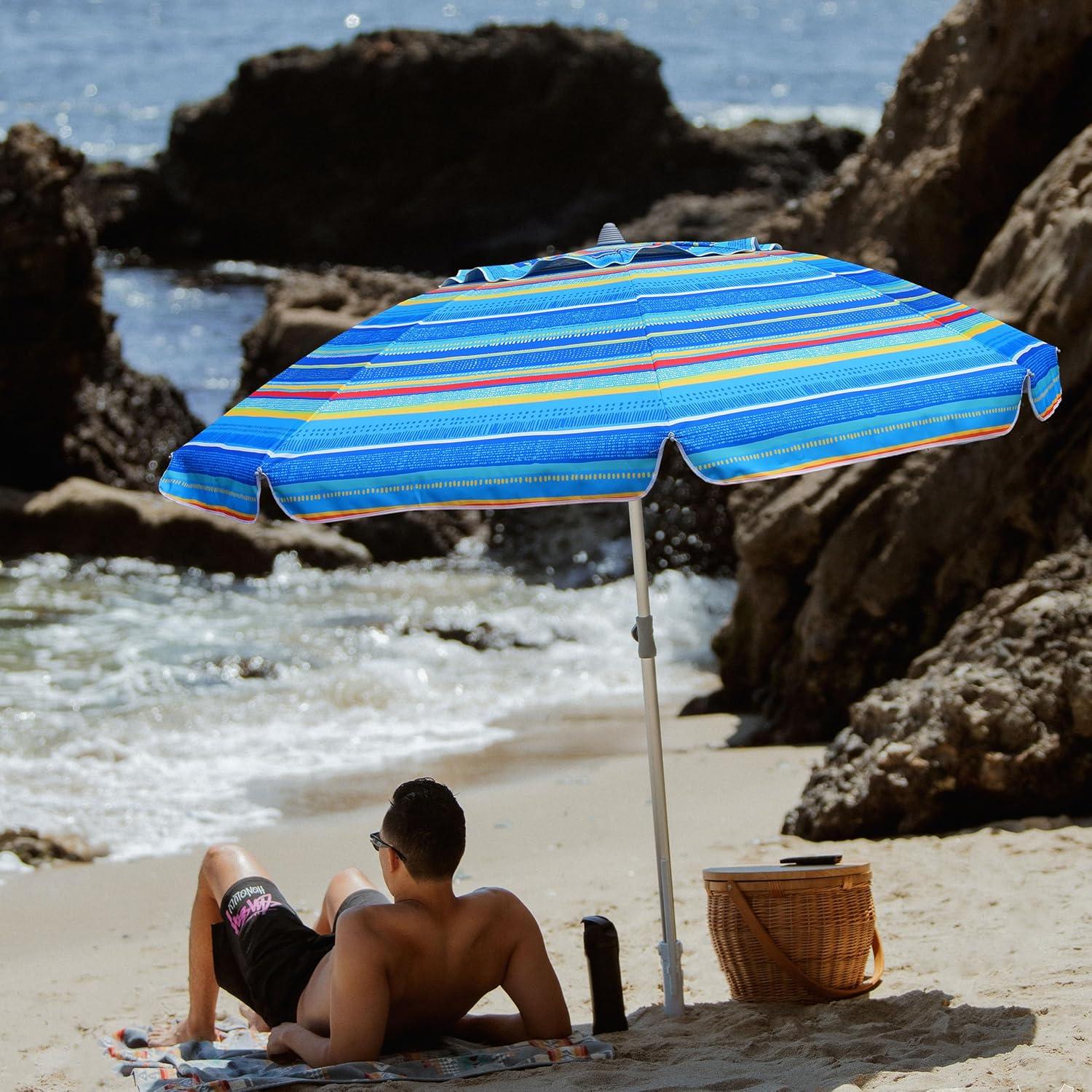 7ft Multicolor Blue Striped Beach Umbrella with Sand Anchor