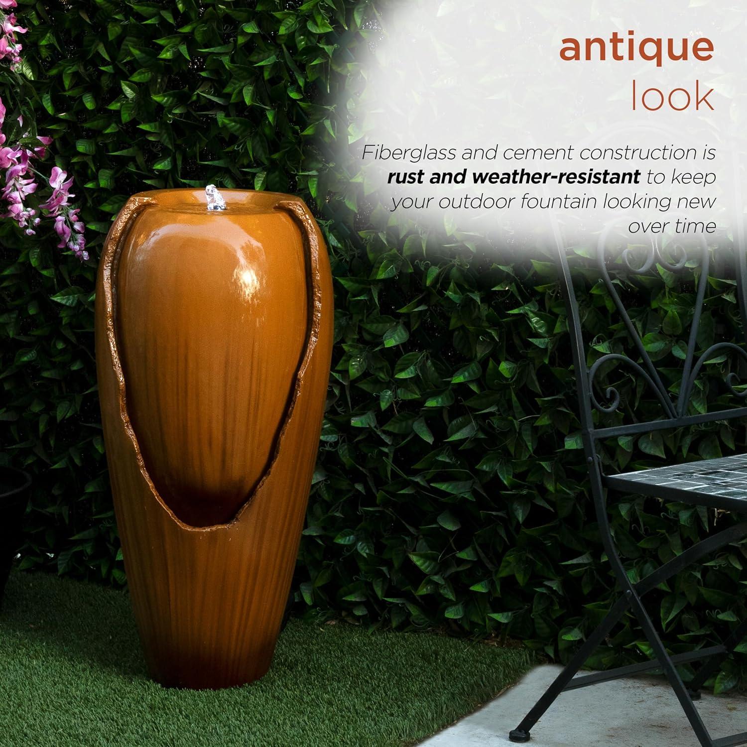 Alpine Corporation DIG100XS-BR Outdoor Floor Antique Jar Water Fountain with LED Lights, Vintage LED Waterfall, 33", Brown