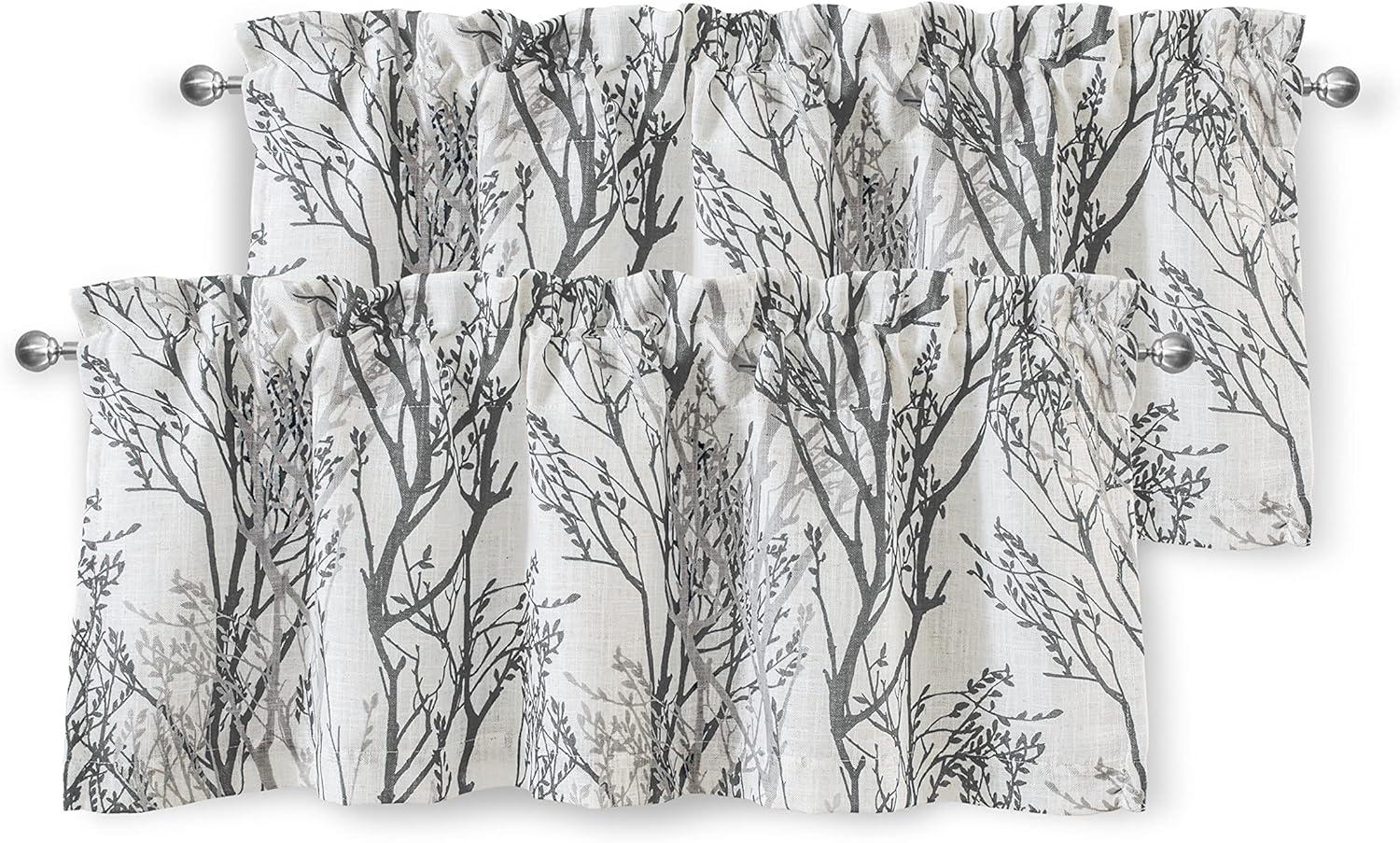 DriftAway Tree Branch Linen Blend Abstract Ink Printing Lined Thermal Insulated Window Curtain Valance Rod Pocket 52" x 18" Plus 2" Header Gray 2 Pack